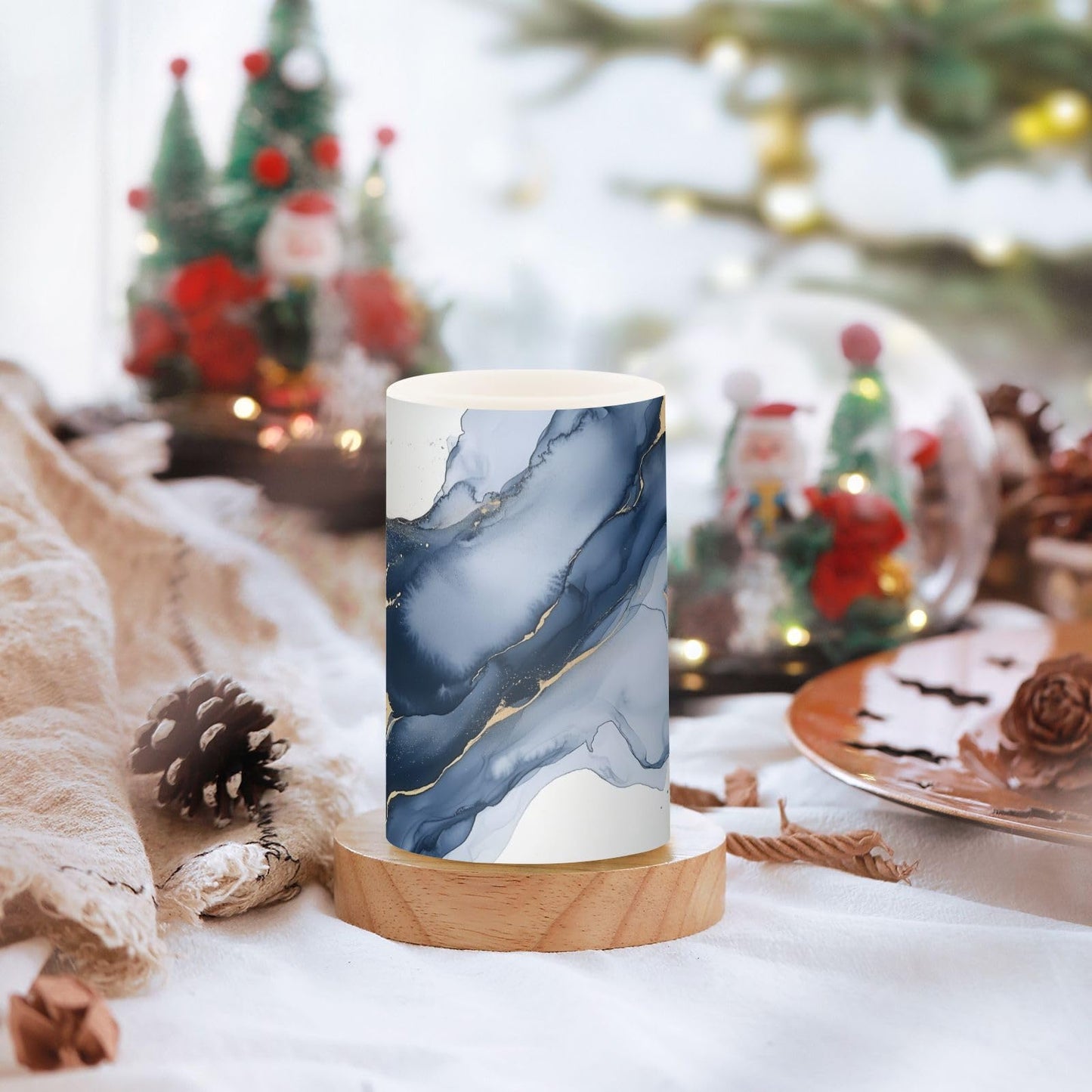 WEVIBOFU Blue and Gray Gold Marble Flickering Flameless Candles LED Battery Operated with Remote Timer Pillar Candles for Home Birthday Wedding Christmas Decor, Set of 2