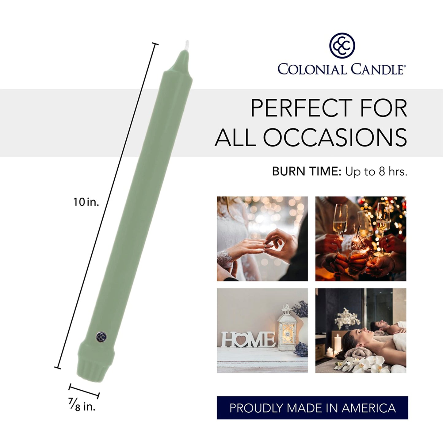 Colonial Candle Unscented Taper Candle, Classic Collection, Colonial Classic Green, 10 In, Pack of 12 - Up to 8 Hours Burn