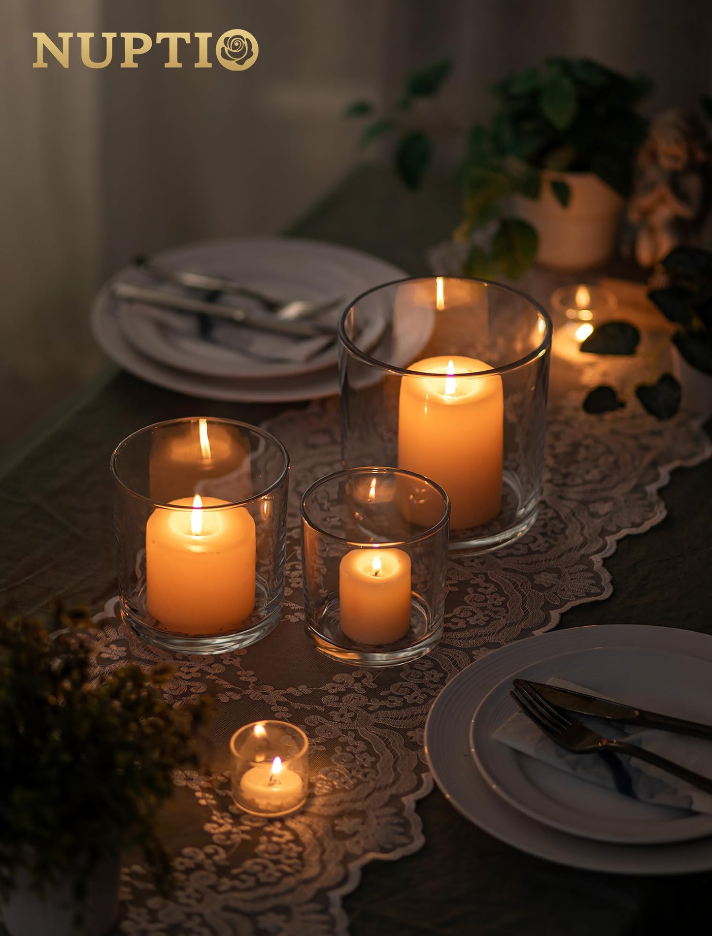 NUPTIO Hurricane Glass Candle Holders: Set of 3 Thick Glass Large Pillar Candle Holder - Clear Vases for Wedding Table Centerpieces Decor