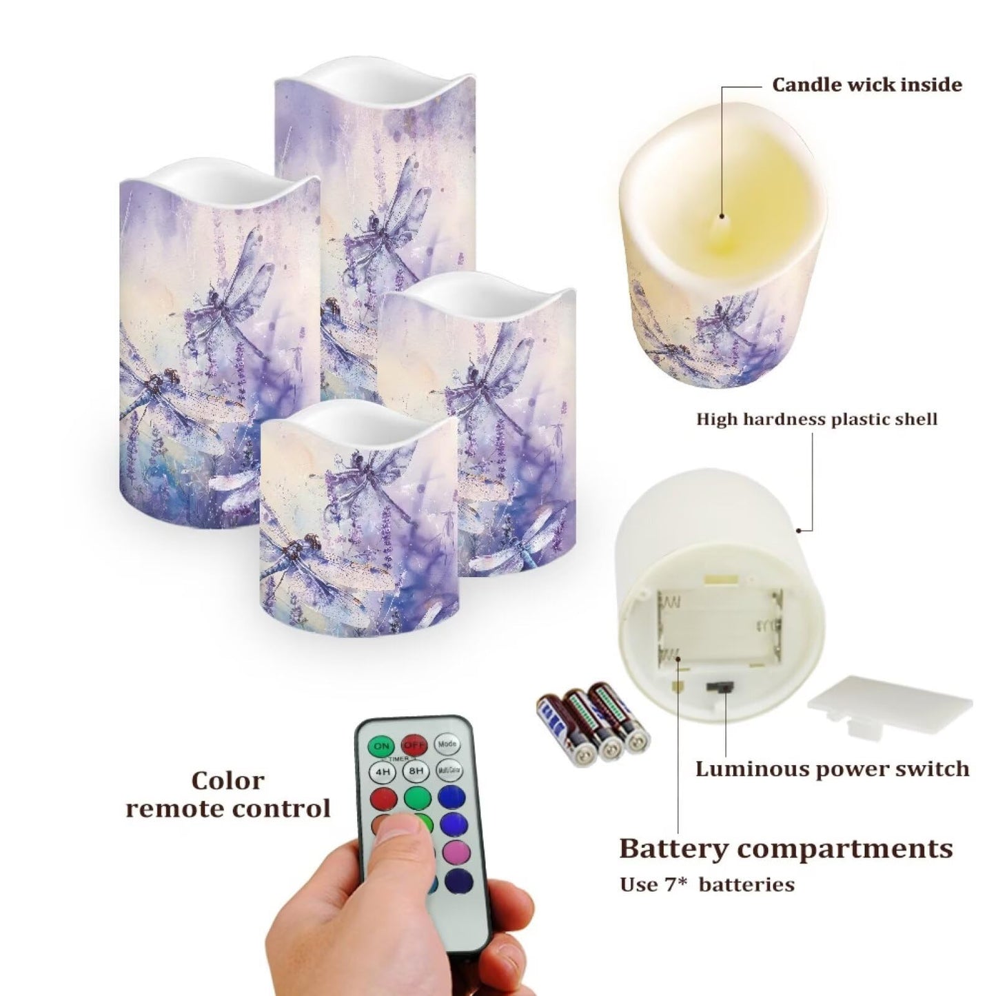 Cozeyat Purple Floral Holiday Season Flameless Candles 4 Pack Battery Operated LED Pillar Candles with Remote Timer Flickering Waterproof for Indoor Outdoor Decor