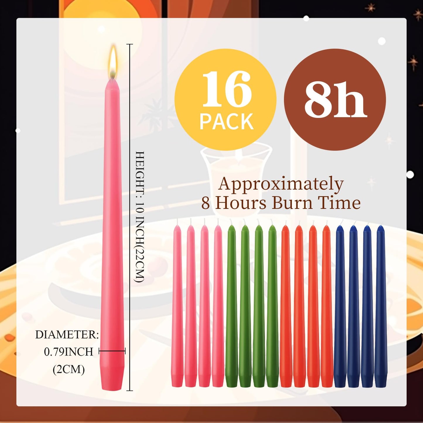 MTLEE 16 Pcs 10 Inch Long Tapered Candle Stick Bulk Smokeless Unscented Burning Candlestick Paraffin Wax with Cotton Wick for Valentine's Day Baby Shower Wedding Holiday Party Church (Multicolored)
