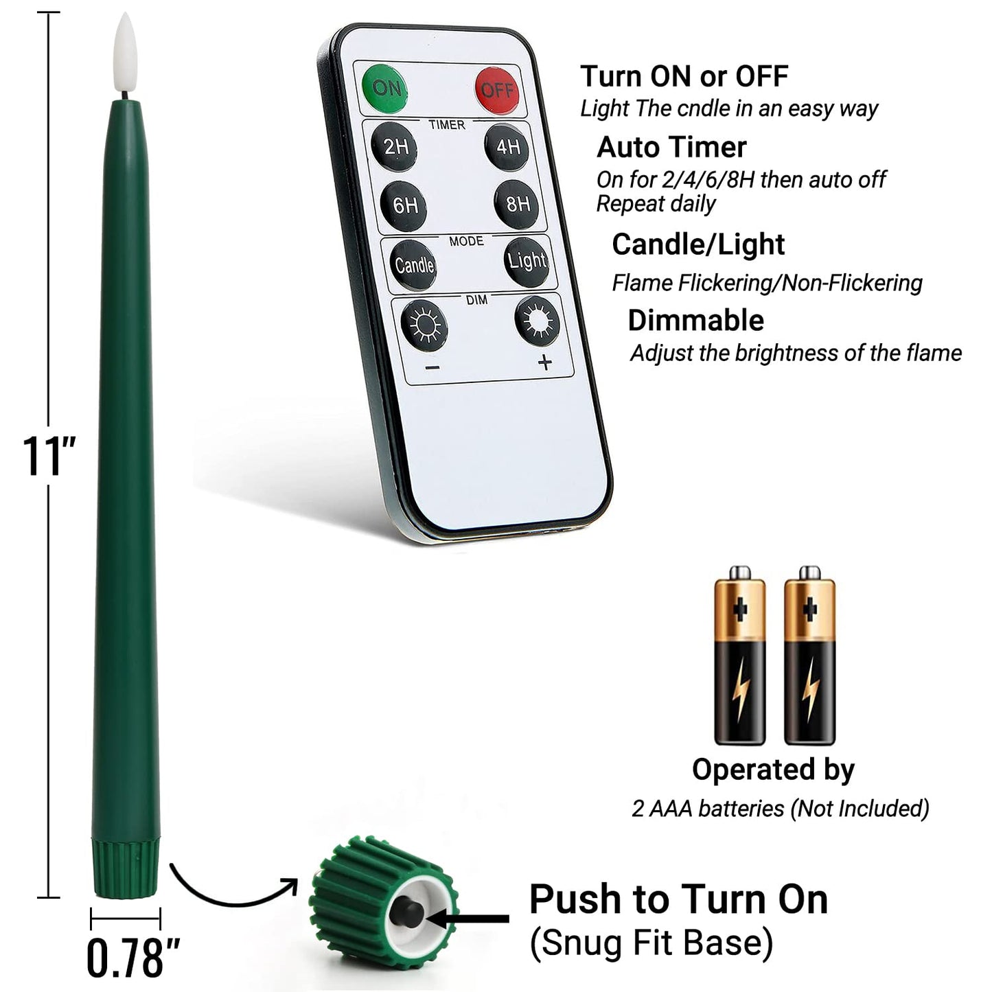 Stmarry Green Flameless Taper Candles with Remote Control - 11 Inch LED Candlesticks Battery Operated, Realistic 3D Flame with Wick, Timer, Christmas Decor - Set of 6