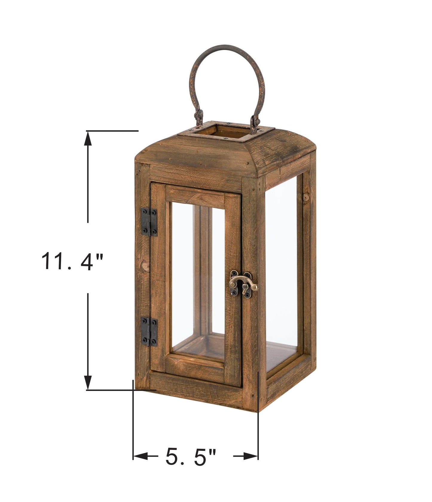 11" High Wooden Lantern Made of Solid Firwood in Handpainted Mediterranean Brown with Metal Handle,Hurricane Lantern, Farmhouse Lantern for Party, Deck, Front Porch (1, Brown, Small)