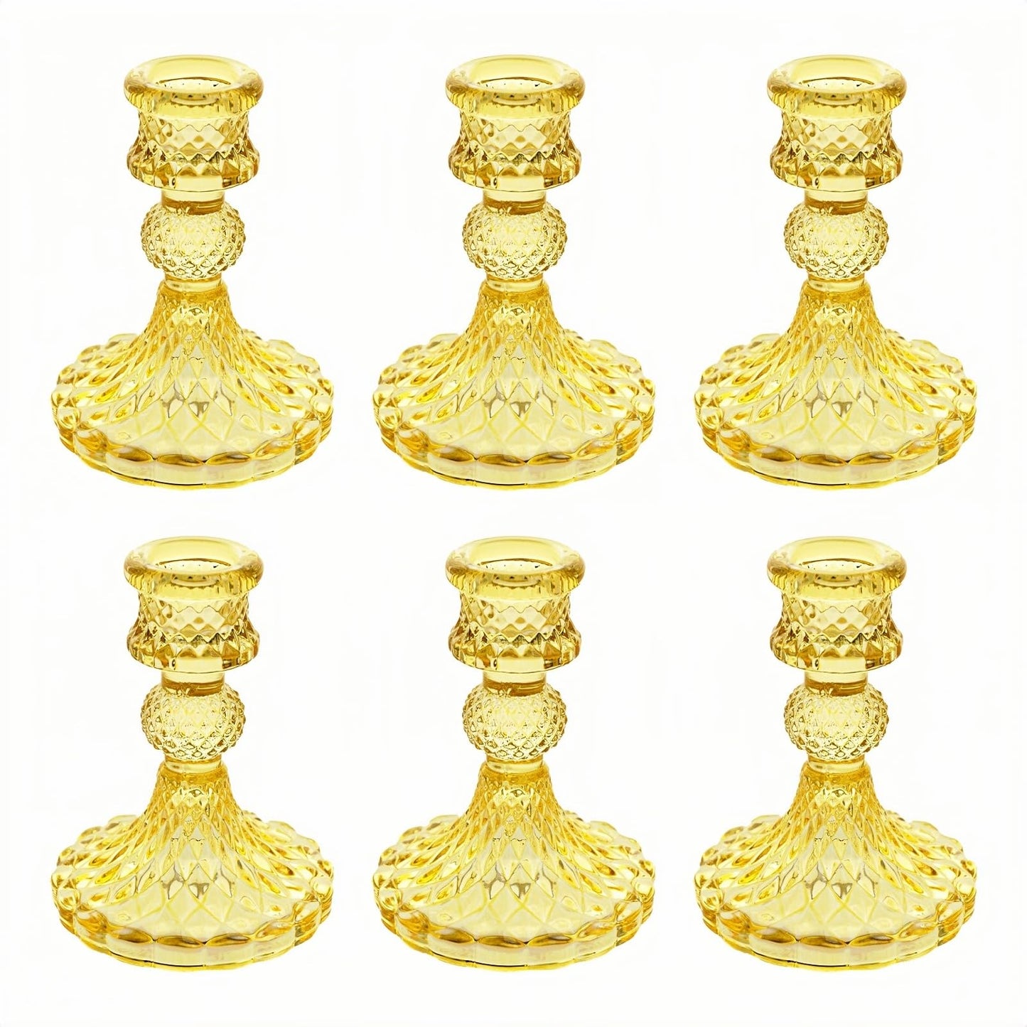 ECHFSM Glass Candlestick Holder,Striped Taper Candle Holders,Set of 6 Candle Stand for Table Centerpieces, Home Decor,Weddings,Festival and Parties (Yellow Dimond)