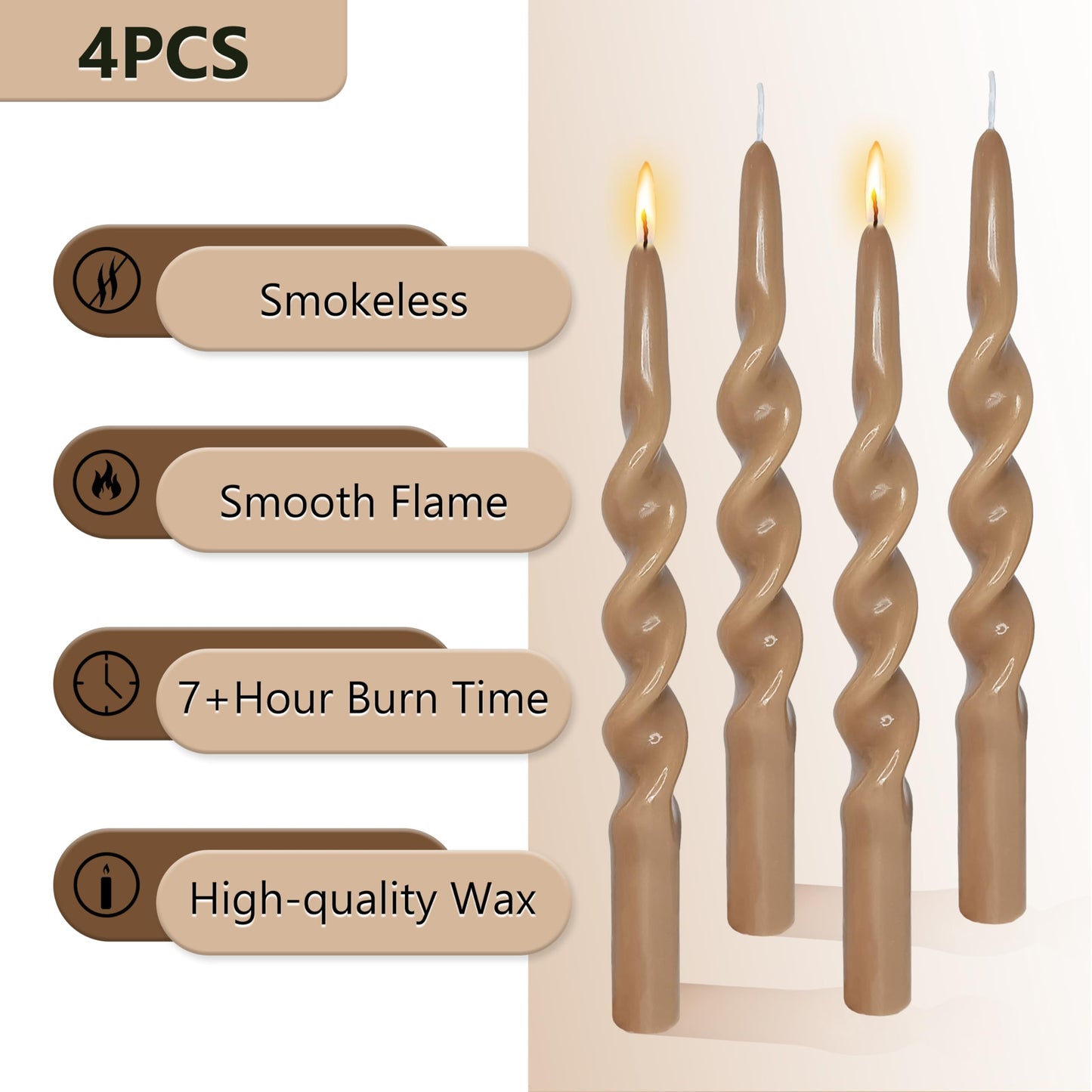 Spiral Taper Candles Twisted Candlesticks 4 PCS Brown Candle Stick Unscented Candles for Dinner Home Décor Weddings Party Festive Seasons Holiday