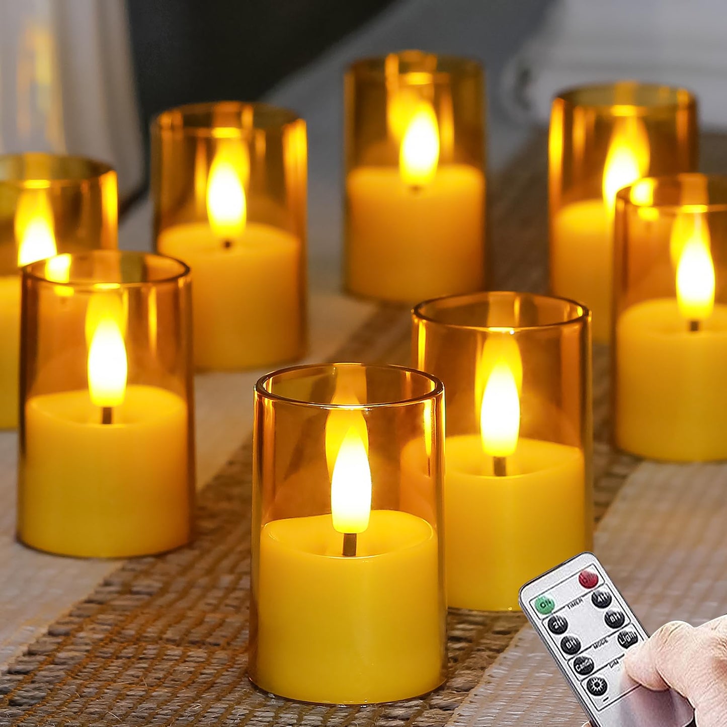 Zevanor Flameless Small Tea Light LED Candles, Acrylic Battery Operated Votive 1.7" x2.5" with Remote Control and Timer, Tealight Amber Flickering Warm Light Pack of 8 Electric Long Lasting