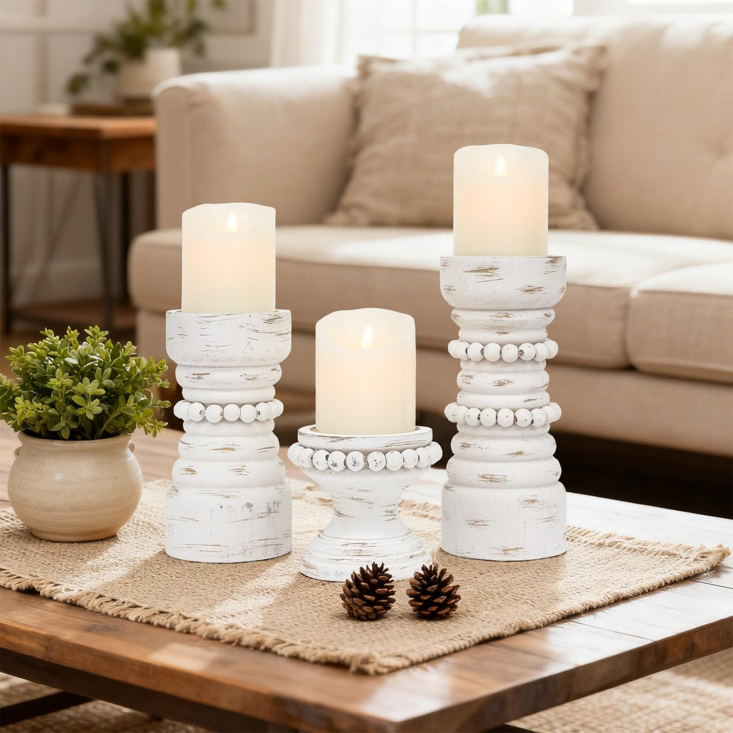 MODE HOME Rustic White Wood Candle Holders Set of 3, Farmhouse Beaded Wood Pillar Candle Holder, Candle Holders for Pillar Candles & Candlesticks, Candle Sticks Holder Decor for Table Centerpiece