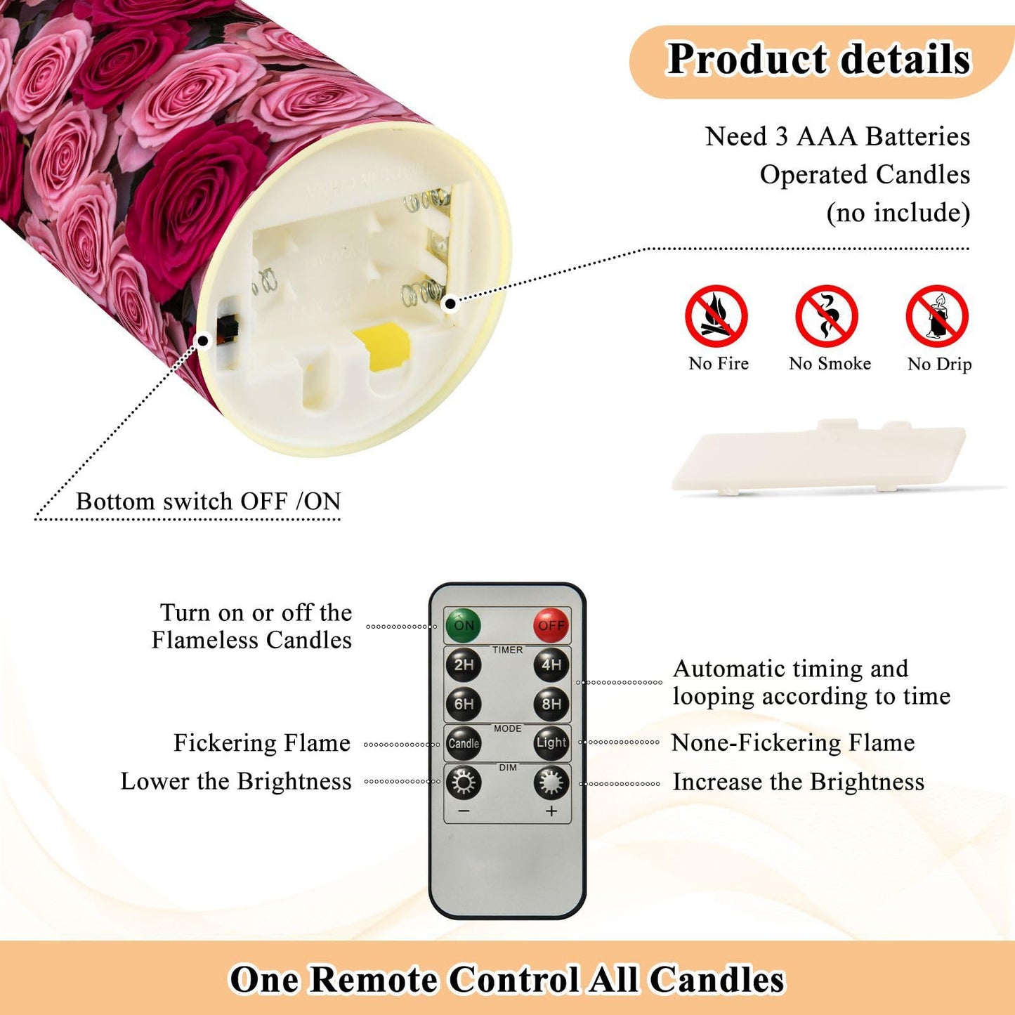 ALAZA Hot Pink Roses Flickering Flameless Candles Battery Operated with Remote Timer,Tea Light Candles LED Pillar Votive Set of 2 for Outdoor Indoor Decorations 3" x5.9"