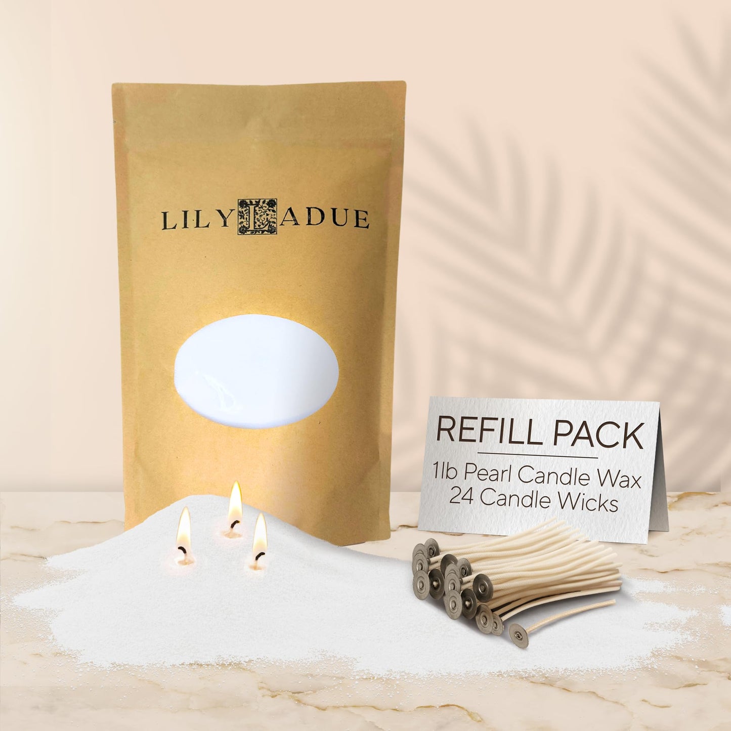 LILY LADUE Sand Candle Refill Kit - 1Lb/16Oz Pearled Candles Sand and Wicks (24) Without Holder, Unscented Aroma Beads, Reusable Powder Pearls Bulk Wax Pearls for Refillable Pearlized Pellet Set