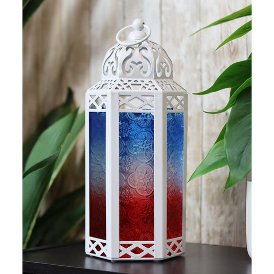 Vela Lanterns Decorative Indoor Candle Holder Table Centerpieces - Moroccan Hanging Outdoor Patio & Porch Home Decor, Turkish Lamp for Wedding, Ramadan (Medium 10.5", Red/White/Blue)