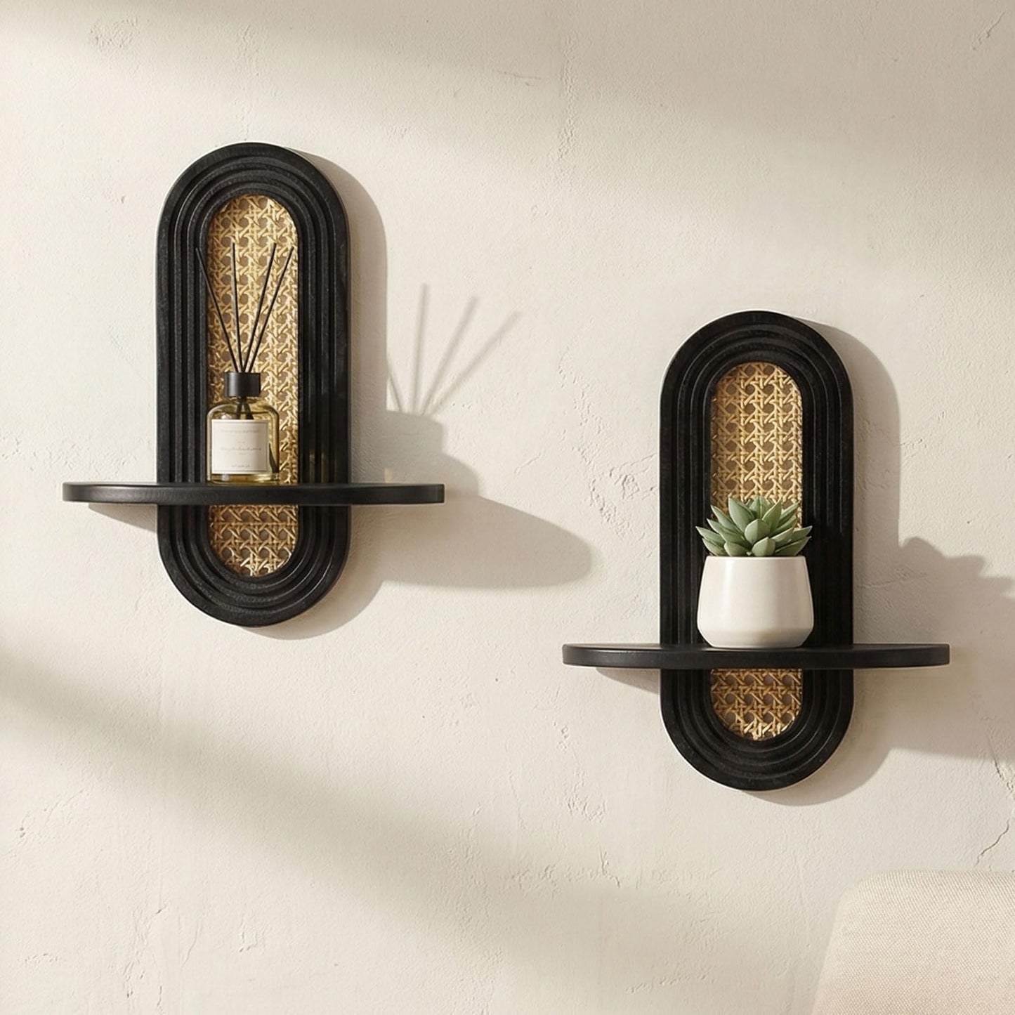 Wall Candle Holder Sconce, Set of 2 Wooden Wall Mounted Candle Holder with Arched Shelf and Gold Metal Vine Detail, Decorative Wall Sconce for Pillar Candles, Living Room Bedroom Entryway Decor
