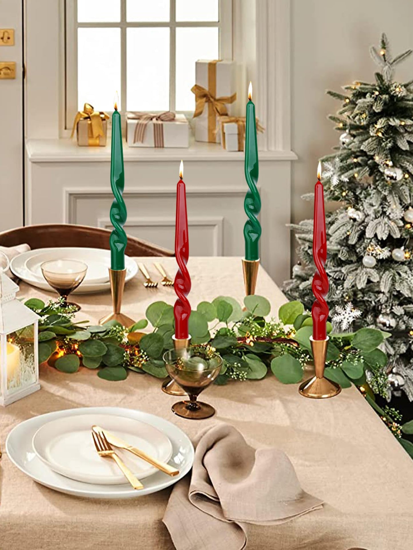 LPUSA Christmas Taper Candles-Green and Red Spiral Candles-Unscented Candle Sticks and Dripless,Perfect as Dinner Candles-4pcs,10inch(Green,Red-A)