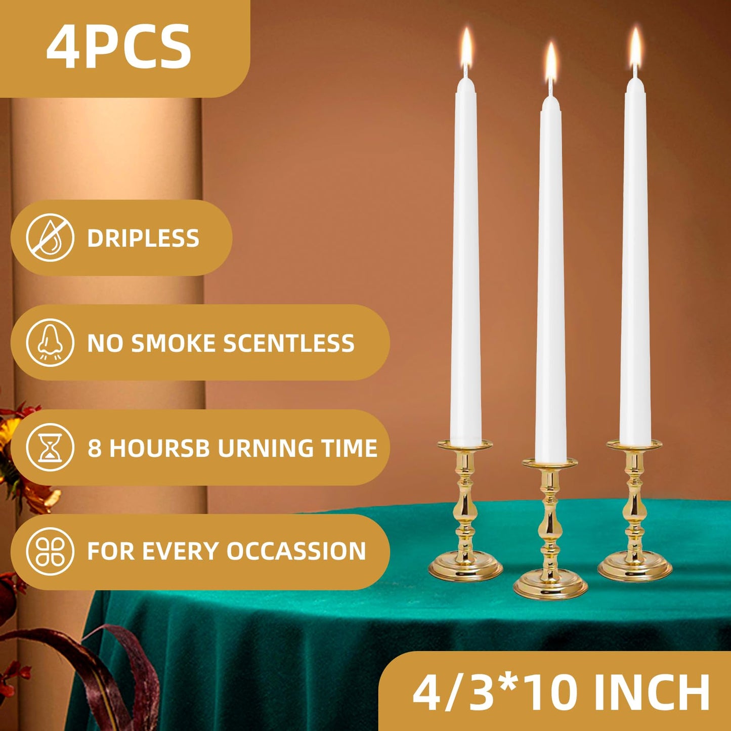 4 Pack White Taper Candles - Taper Candles 10 Inch Dripless, Smokeless & Unscented - 8 Hours Long Burning - Hand Poured Tall Candlesticks - Ideal for Weddings, Dinner Parties, and Home Decor