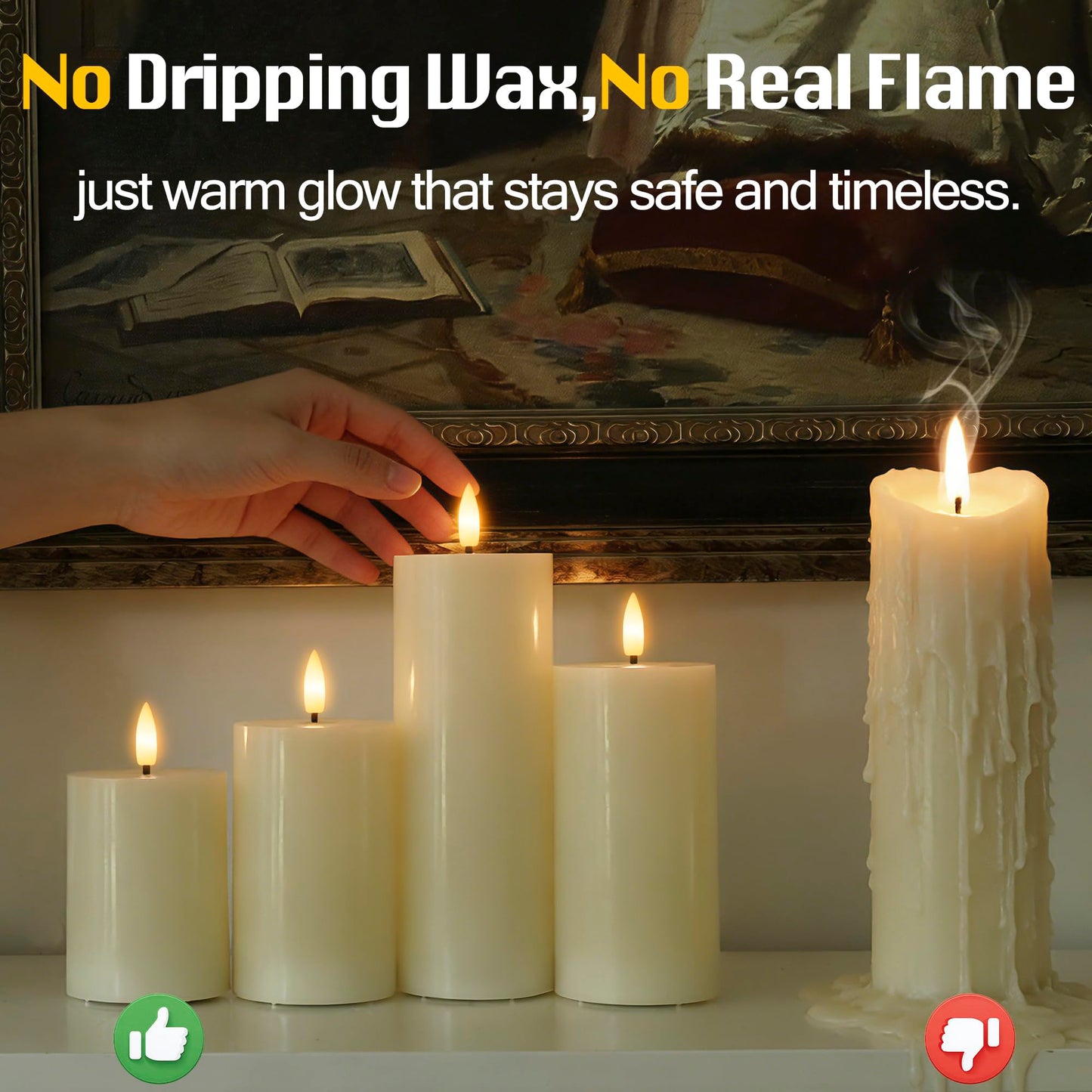 JOIONE Flameless Pillar Candles with Remote Set of 4, Real Wax LED Battery Operated Candles, Safe Home Décor for Living Room, Bedroom, and Dining Table, Ivory