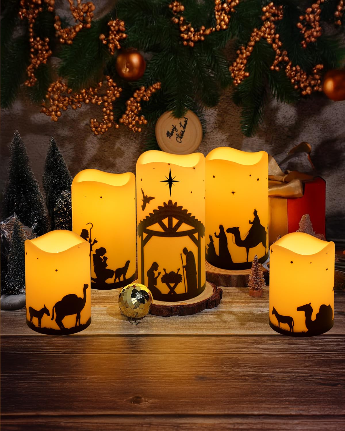 Glflickerow Christmas Nativity Scene Decorations Candle LED Flameless Candles with Timer for Xmas Holiday Home Decor Supplies Set of 5 (Beige)