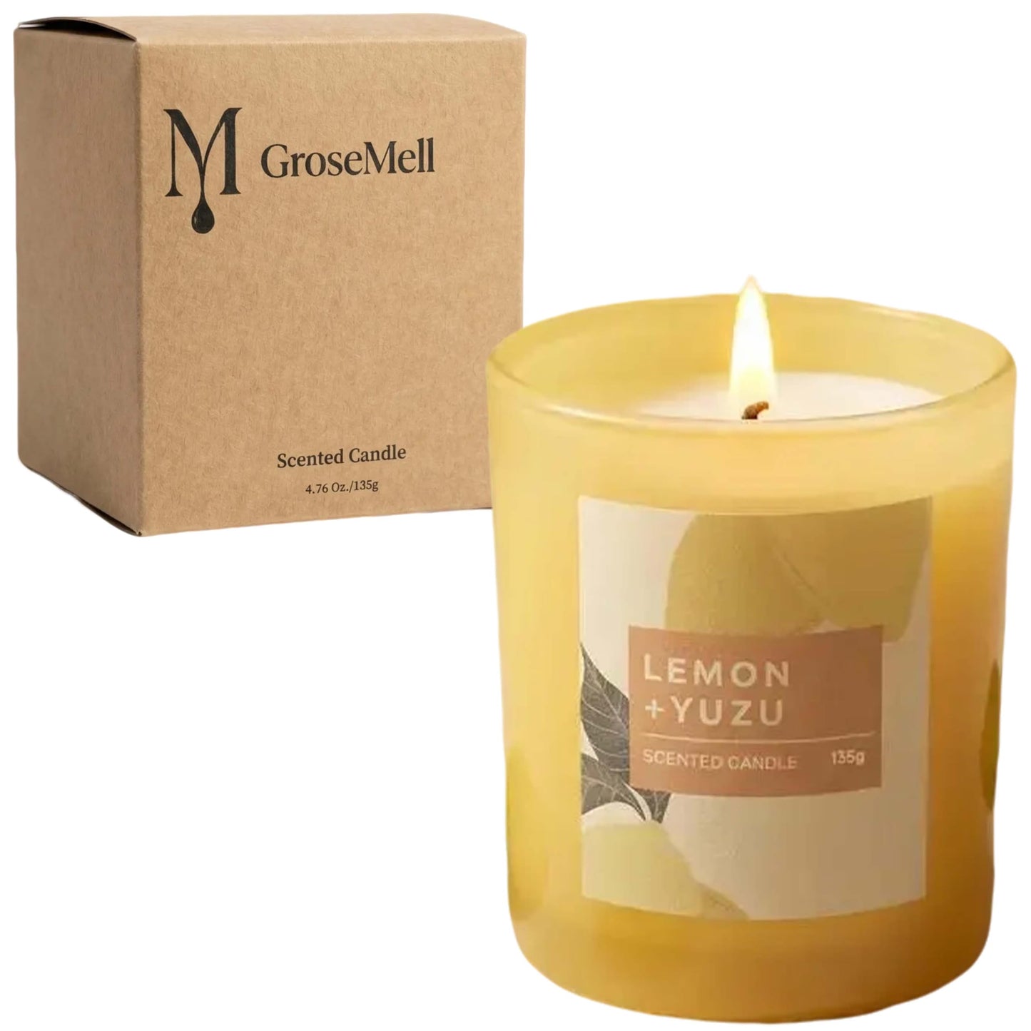 GroseMell Lemon Scented Candle – 4.76 oz (135g) Natural Soy Wax, 30-Hour Clean Burn, Elegant Glass Jar, Home Fragrance & Thoughtful Gift for Home (Lemon)