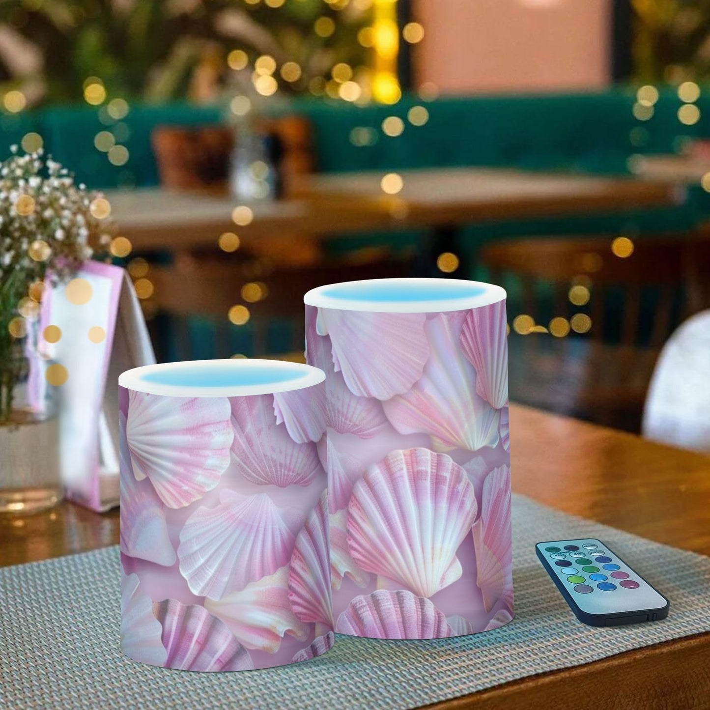 ALAZA Pink Seashells Flameless Candles Flickering LED Candles with Remote Timer Battery Operated Pillar Candles Set of 2 for Dinner Holiday Decor