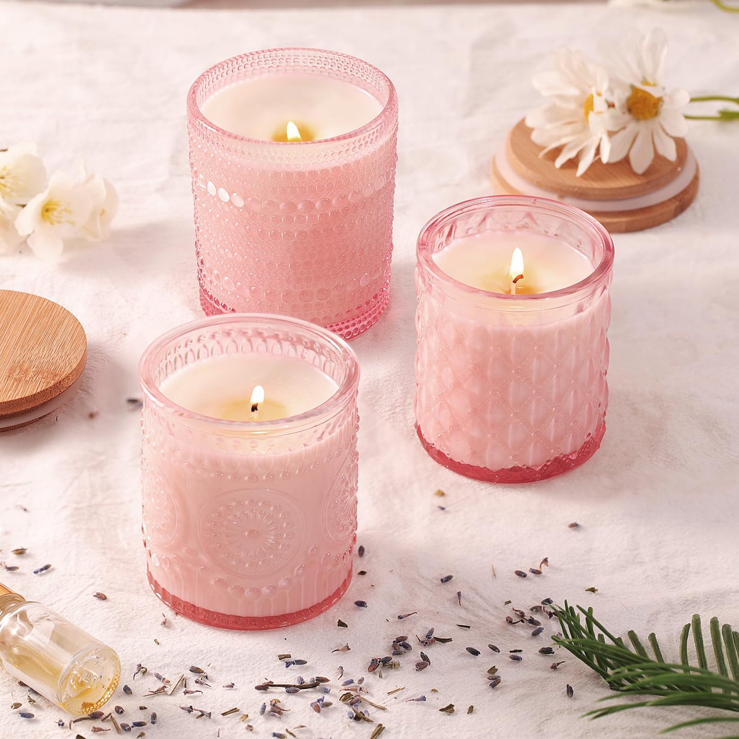 DARJEN 12 Pack Pink Candle Jars for Making Candles- 3 Styles Glass Candle Making Jars Bulk with Bamboo Lids and Labels, Candle Making Supplies Candle Vessels for DIY Gifts