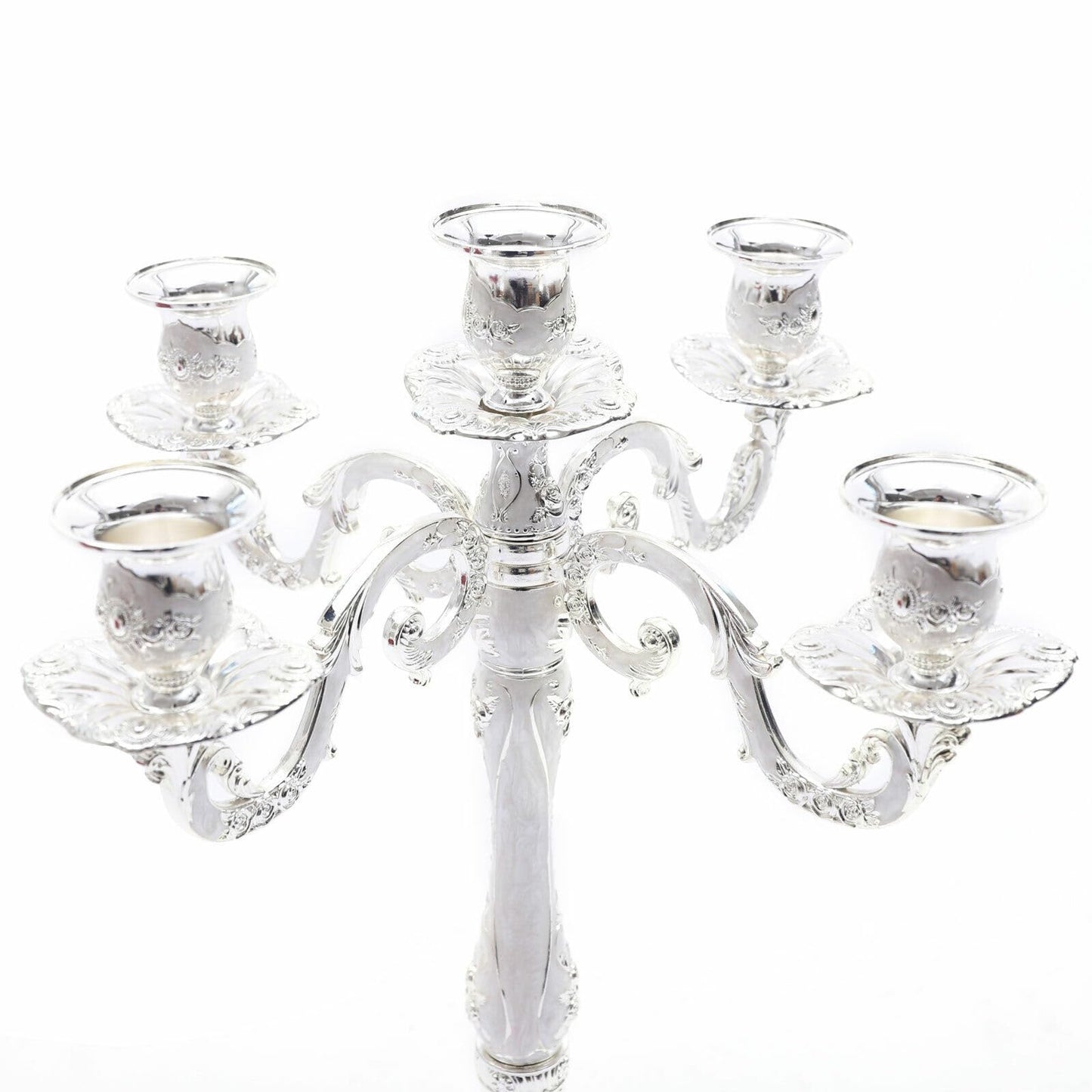 Headery Elegant 14.56”H Mental Tall Candelabra,5 Arm Candle Holder Candlestick Holder, Taper Candle Holder with Three-Dimensional Carving for Wedding Dinner Party Chrismas Ceremony Home Decor(Silver)