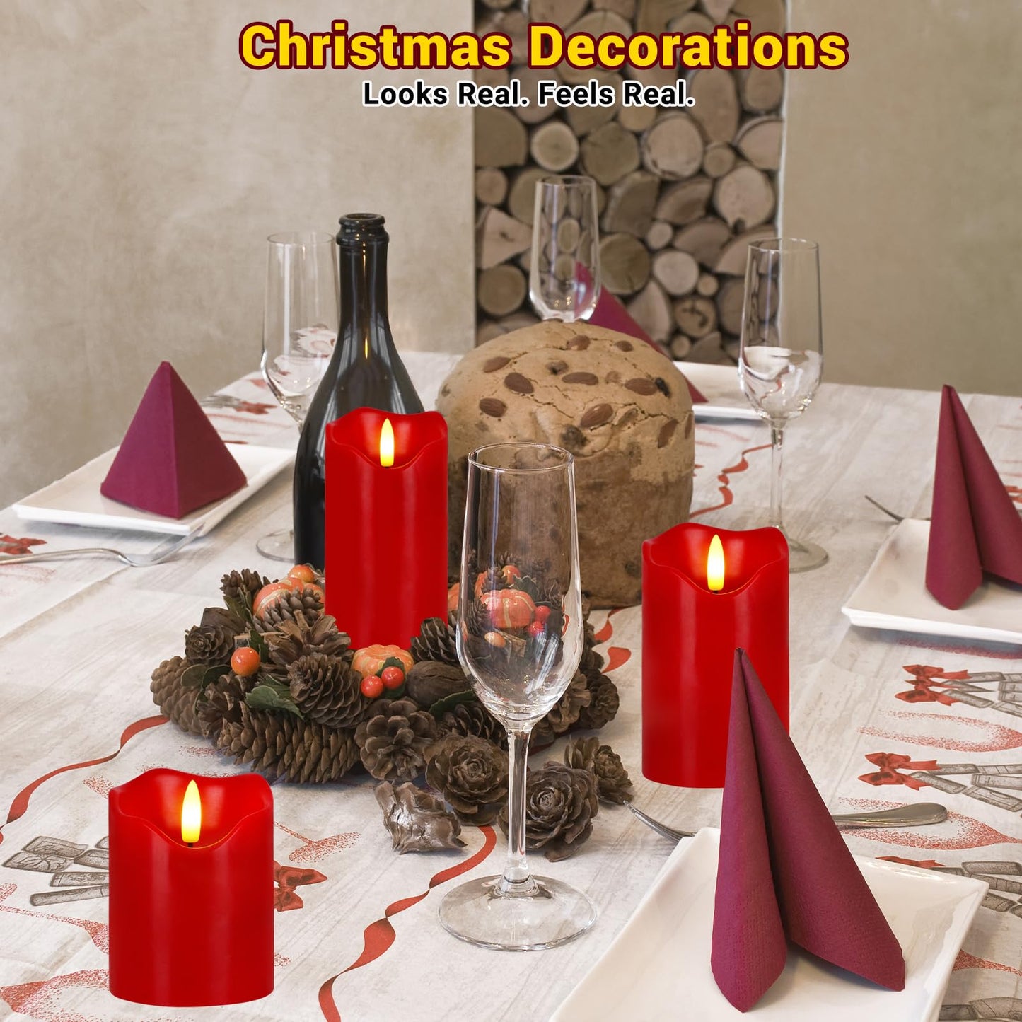 Flickering Flameless Candles, Set of 3 Red LED Candle Light with Remote & Timer, Battery Operated Electric Pillar Candle by Real Wax Dimmable Fake Candles for Valentine's Day Wedding Anniversary (Red)