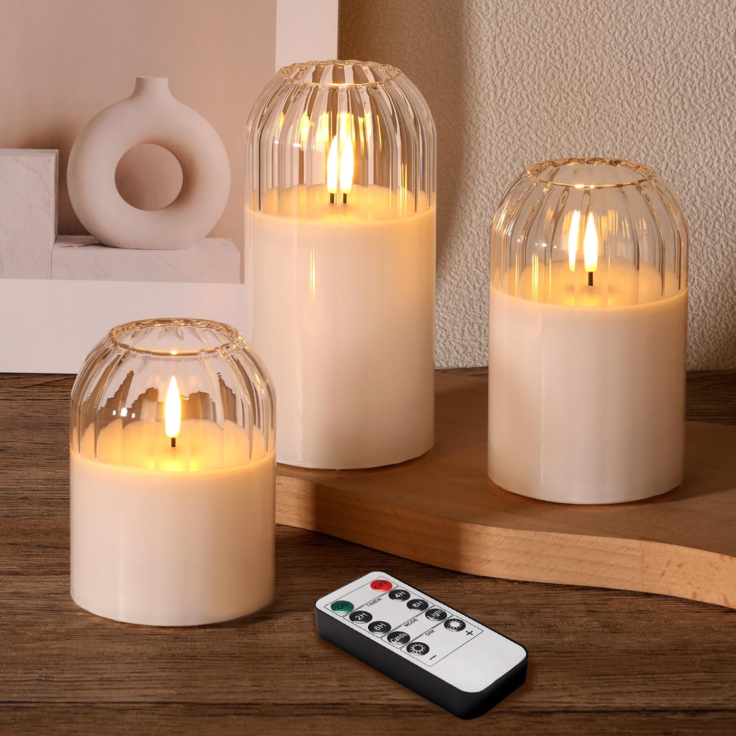 Girimax Clear Glass Flameless Candles with Remote, Flickering LED Pillar Candles Battery Powered Ribbed Dome Top Set of 3