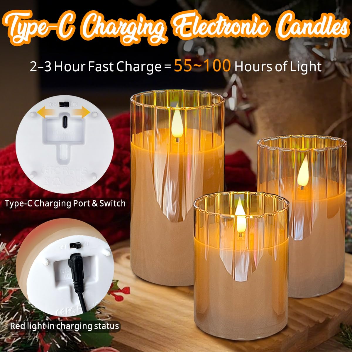 LEDHOLYT Rechargeable Flameless Candle, Flashing LED Pillar Real Wax Candle with Remote Control and Timer, Gold Stripes Glass Electronic Candles for Room Decoration, 1 Set of 3