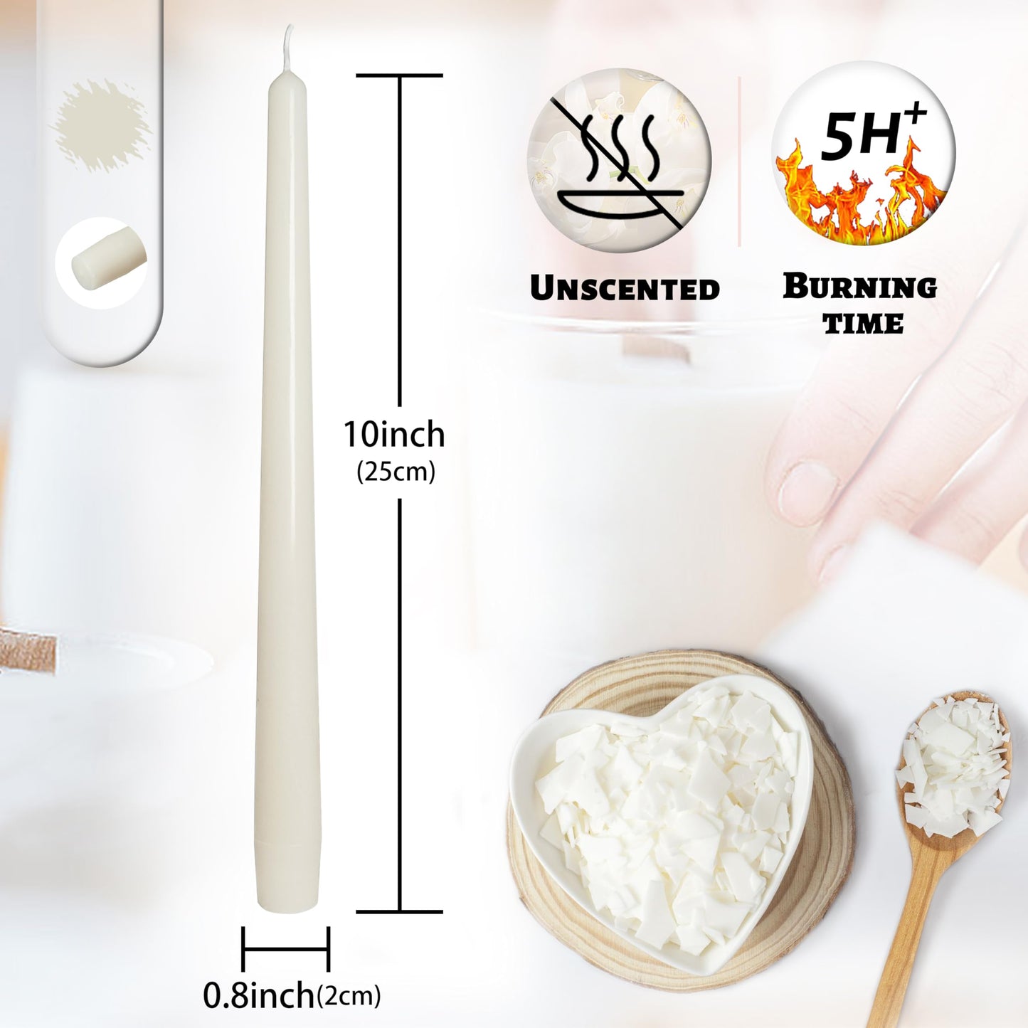 Smokeless Unscented Milk White Taper Candles 10 Inch Long Lasting Burn Taper Candlesticks Elegant for Home Wedding Decorations