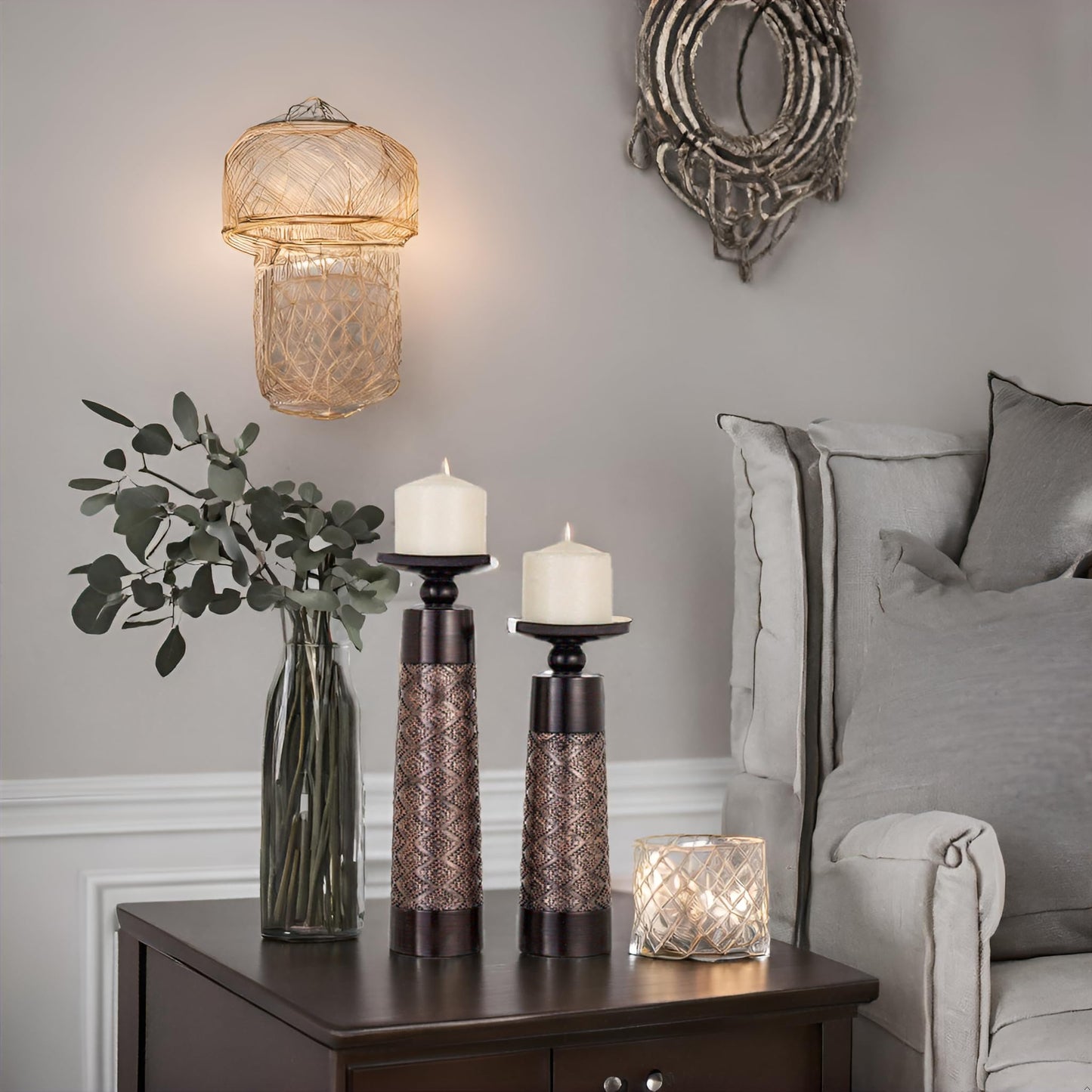 Creative Scents Dublin Brown Pillar Candle Holder Set of 2 - Home Decor Aesthetic, Coffee Table Decor Mantel Centerpieces Table Decorations, Living Room Decor or Dining Tabletop Decor -Gift Packaged-