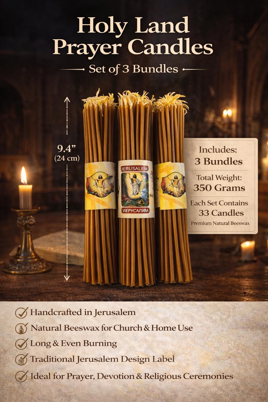 ZULUF 33 Beeswax Taper Candles Blessed at Holy Sepulchre Jerusalem – 9” Honey Scent Orthodox Church Prayer Candles, Christian Devotional Candles for Liturgy, Easter, Home Altar – 3 Bundles (99 Total)