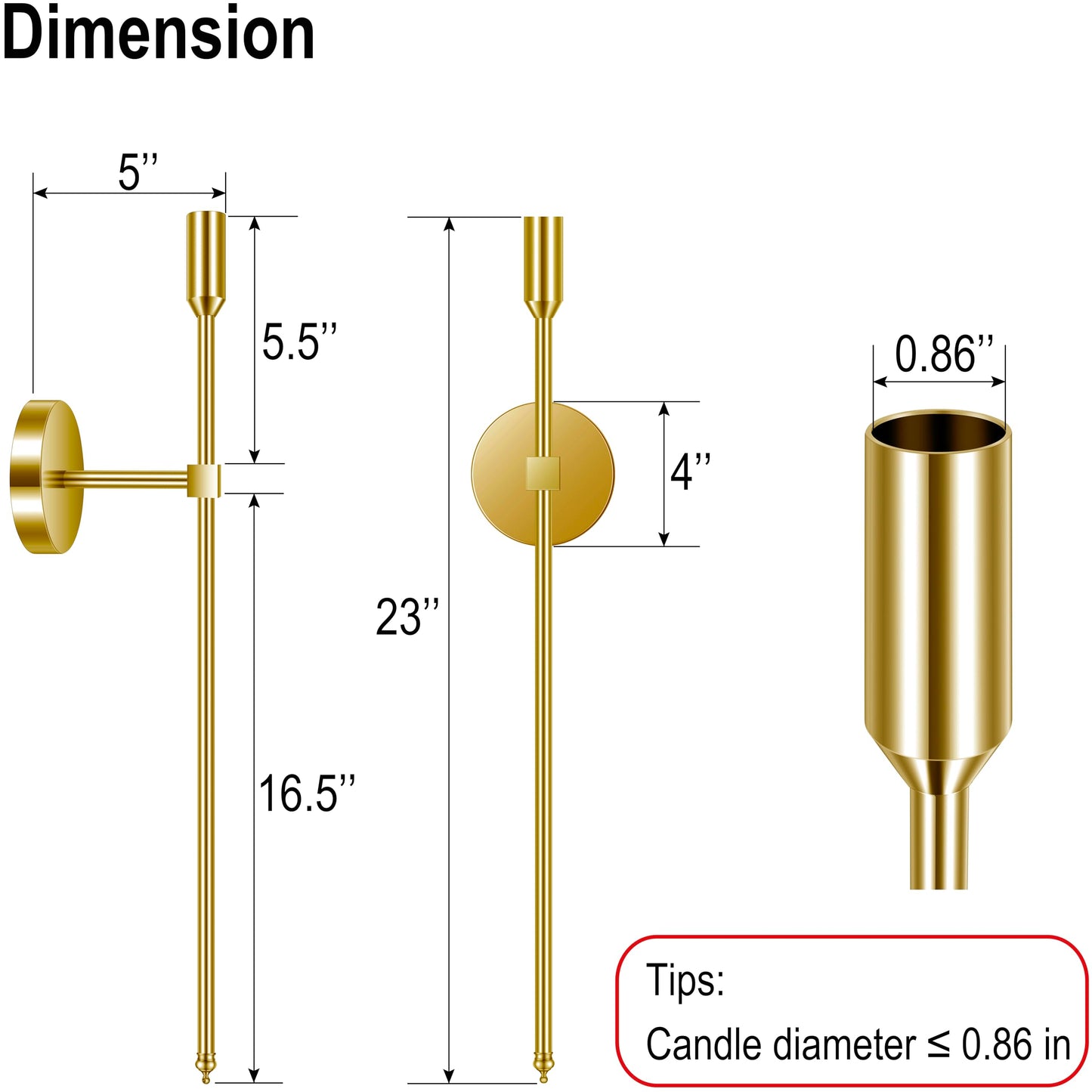 23-inch Large Wall Candle Sconces, Set of 2, Wall Mounted Candle Holder, Modern Chic Home Decor for Bedroom, Dining Room, Living Room (Brass)