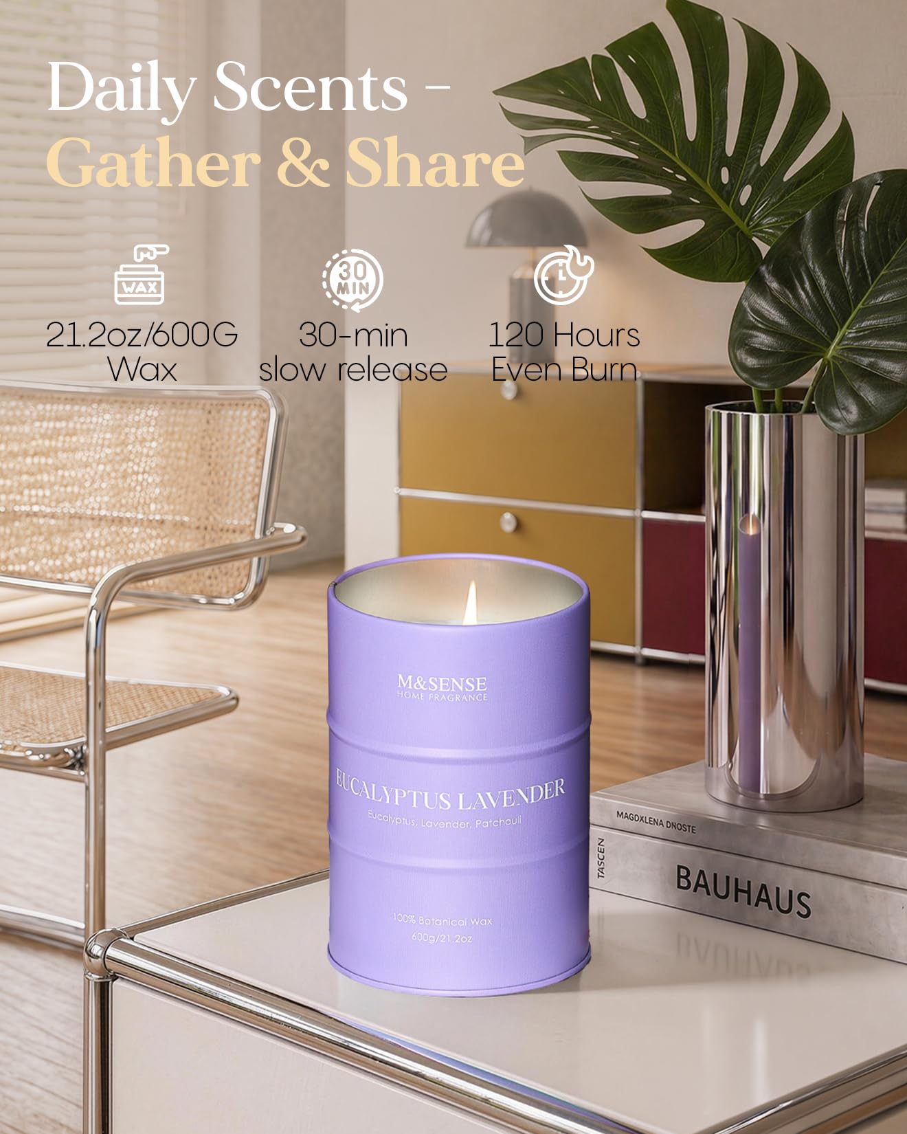 M&SENSE Eucalyptus Lavender Scented Candles Large, Natural Soy Candles 21.2oz 120 Hour Slow Burning,Aromatherapy Candle for Stress Relief Meditation Relaxing
