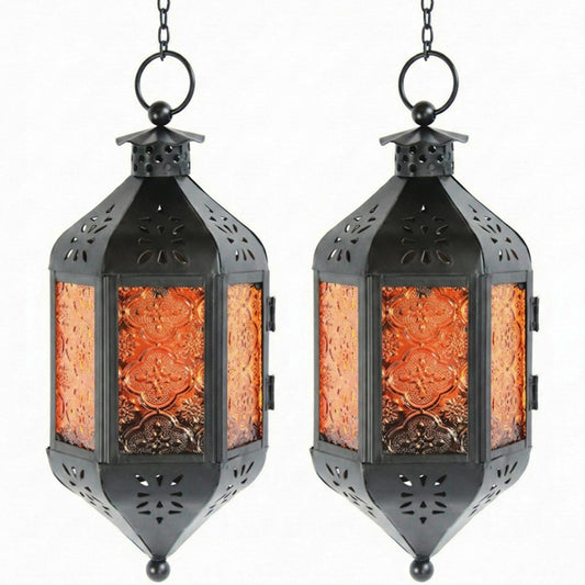 Vela Lanterns Hanging Moroccan Lamp - Exotic Decorative Patio & Porch Decor, Indoor Outdoor Tea Light Candle Lantern Holder with Chain (11" Medium, Amber/Orange Glass, 2-Pack)