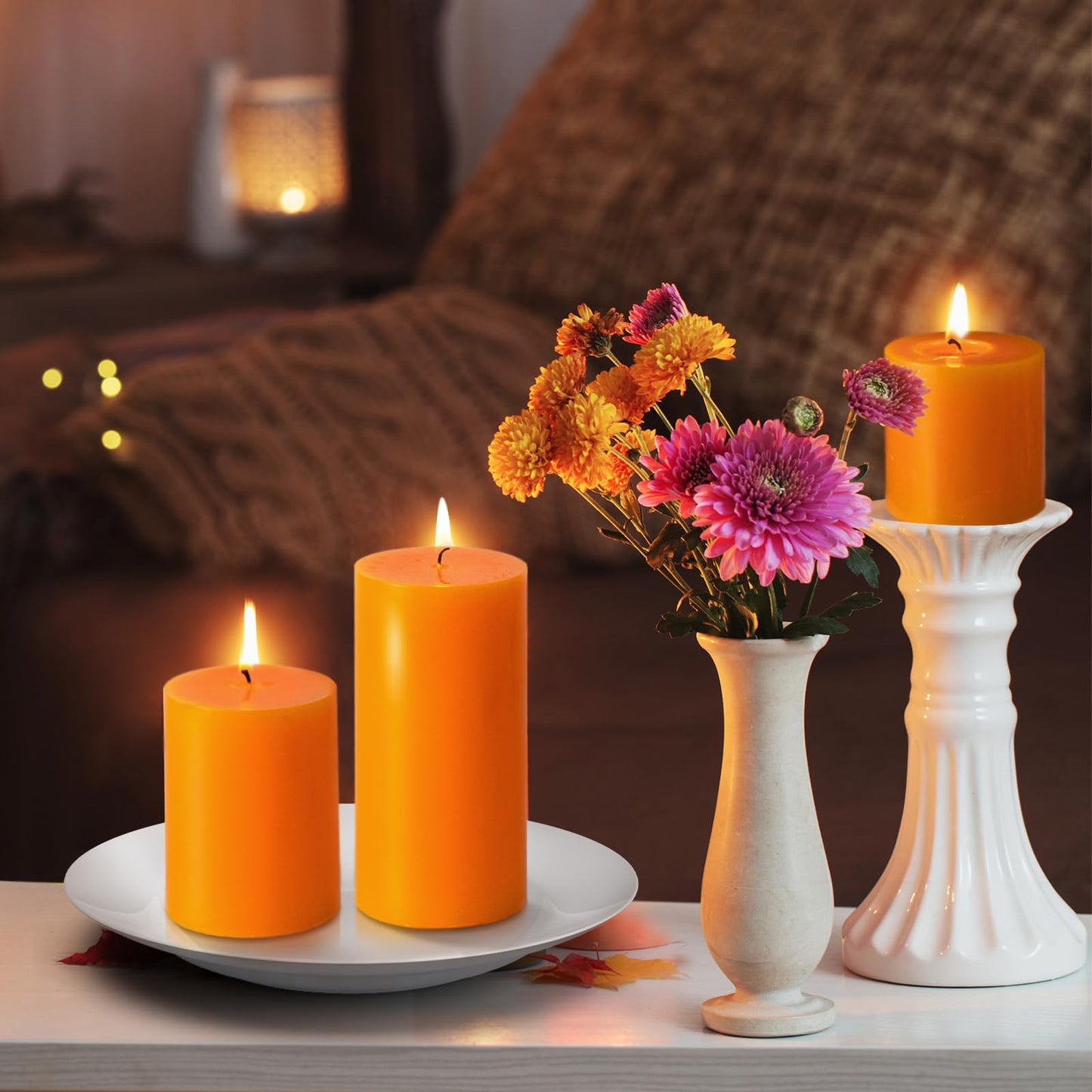 KONNI Orange Pillar Candles Set of 3, 3"x 4" Unscented Pillar Candles Bulk, 40 Hours Long Burning Candles, Smokeless&Dripless Large Round Candle for Wedding, Home Decoration, Parties, Spas, Dinner