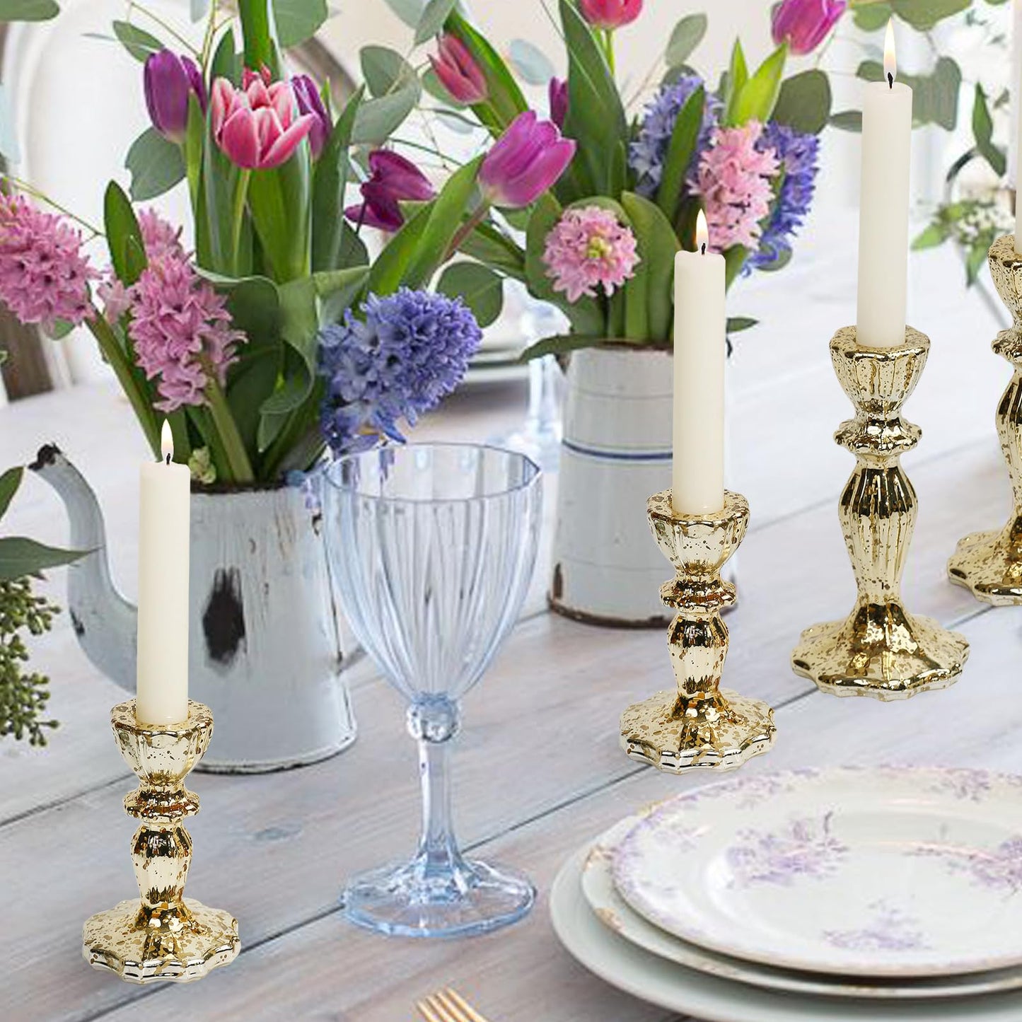 CHOCSTAY Candlestick Holders Set of 3, Gold Glass Mercury Candle Holders for Candlesticks, Table Centerpiece, Home Decor, Wedding, Birthday, Party, Christmas