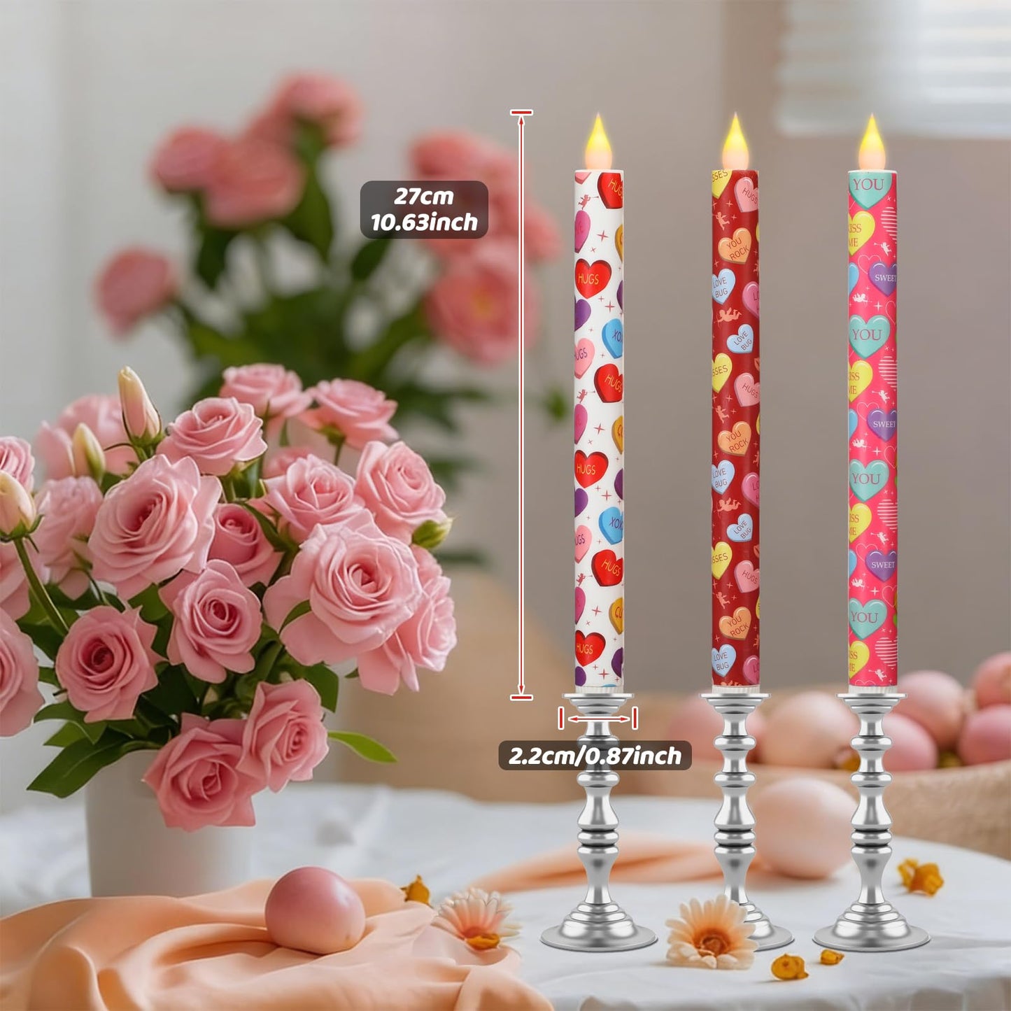 LCZLUMIPRO Valentine Taper Candles, 6 Pcs 10.6 Inch Flameless LED Candlesticks with Remote & Timer, Battery Operated Conversation Heart Decor for Valentine‘s Day Dinner Anniversary Wedding Table Decor