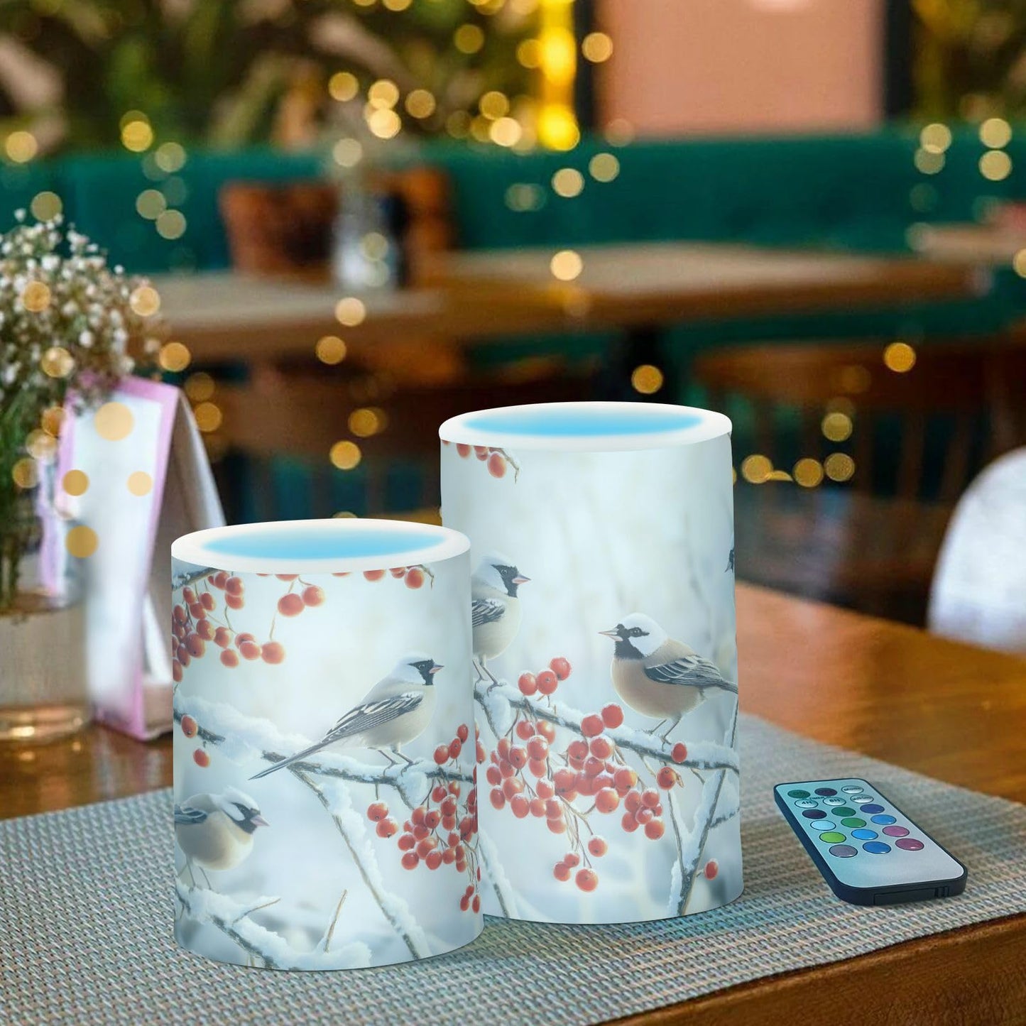 ALAZA Christmas Winter Bird Cherry Snowflake Flickering Flameless Candles Battery Operated with Remote Timer,Tea Light Candles LED Pillar Votive Candles Set of 2 for Outdoor Indoor Decorations