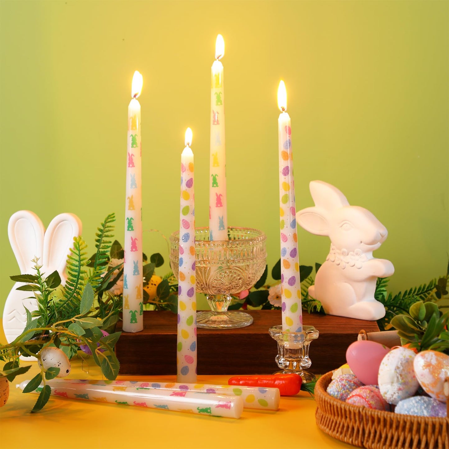 Threlaco 12 Pcs Bunny and Egg Taper Candles Set 10 Inch Pastel Spring Candle Sticks for Table Decoration Dinner Party Holiday Decor Basket Stuffer