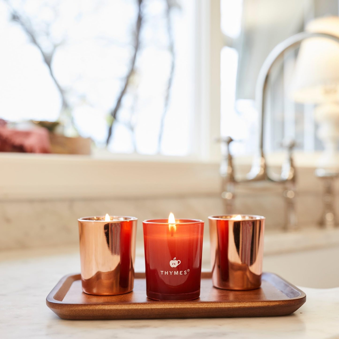 Thymes Aromatic Votive Trio – Set of Three Votive Candles – Luxury Home Fragrance – Scented Candles with Notes of Freshly Pressed Apple, Clove, & Cardamom – Red & Rose Gold (Simmered Cider, 2 oz Each)