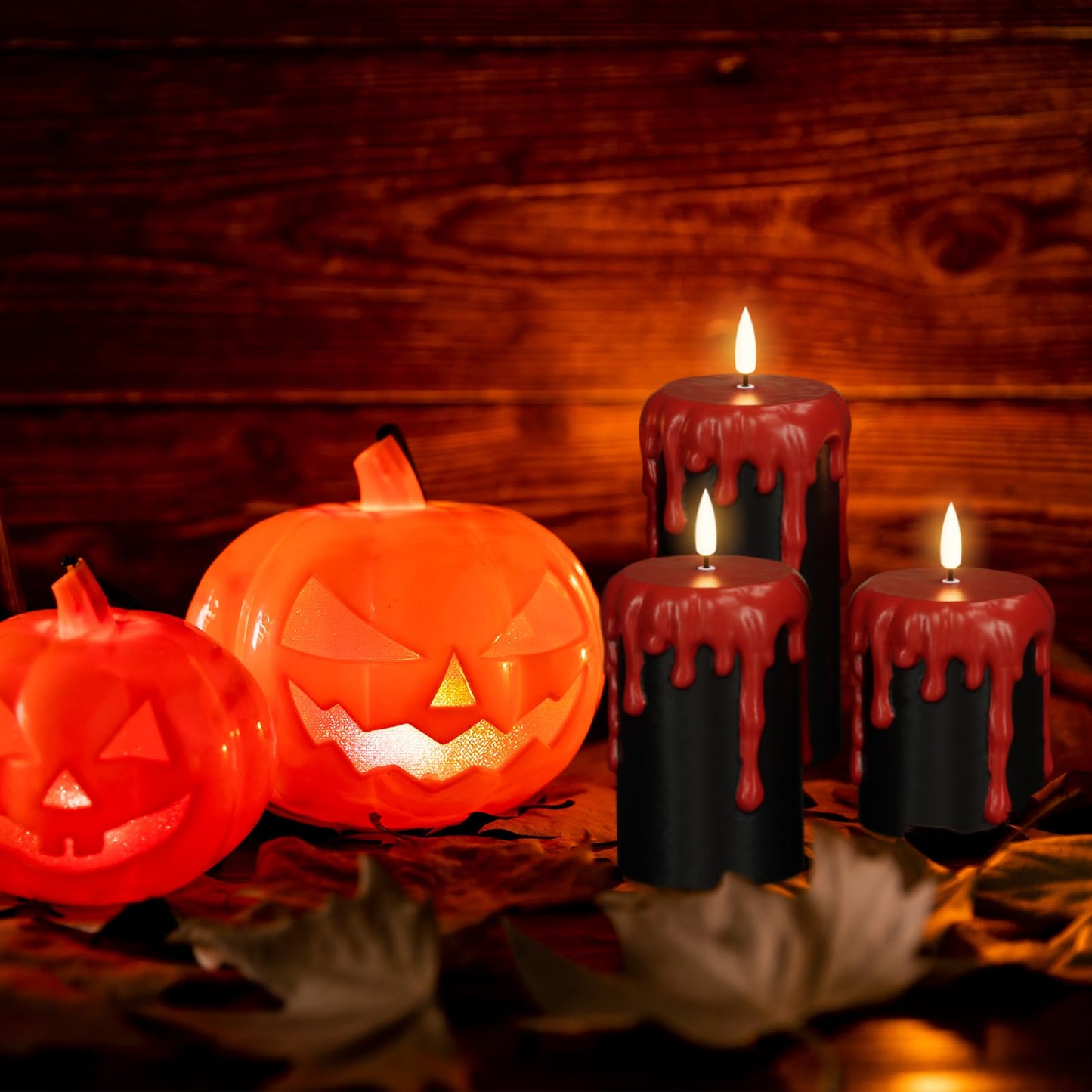 DRomance Battery Operated Flameless Candles with 6H Timer, Blood Dripping Wax Effect Black LED Pillar Candles 3D Wick Flickering Spooky Halloween Indoor Decoration Light(3 Pack, 3 x 4,5,6 Inches)