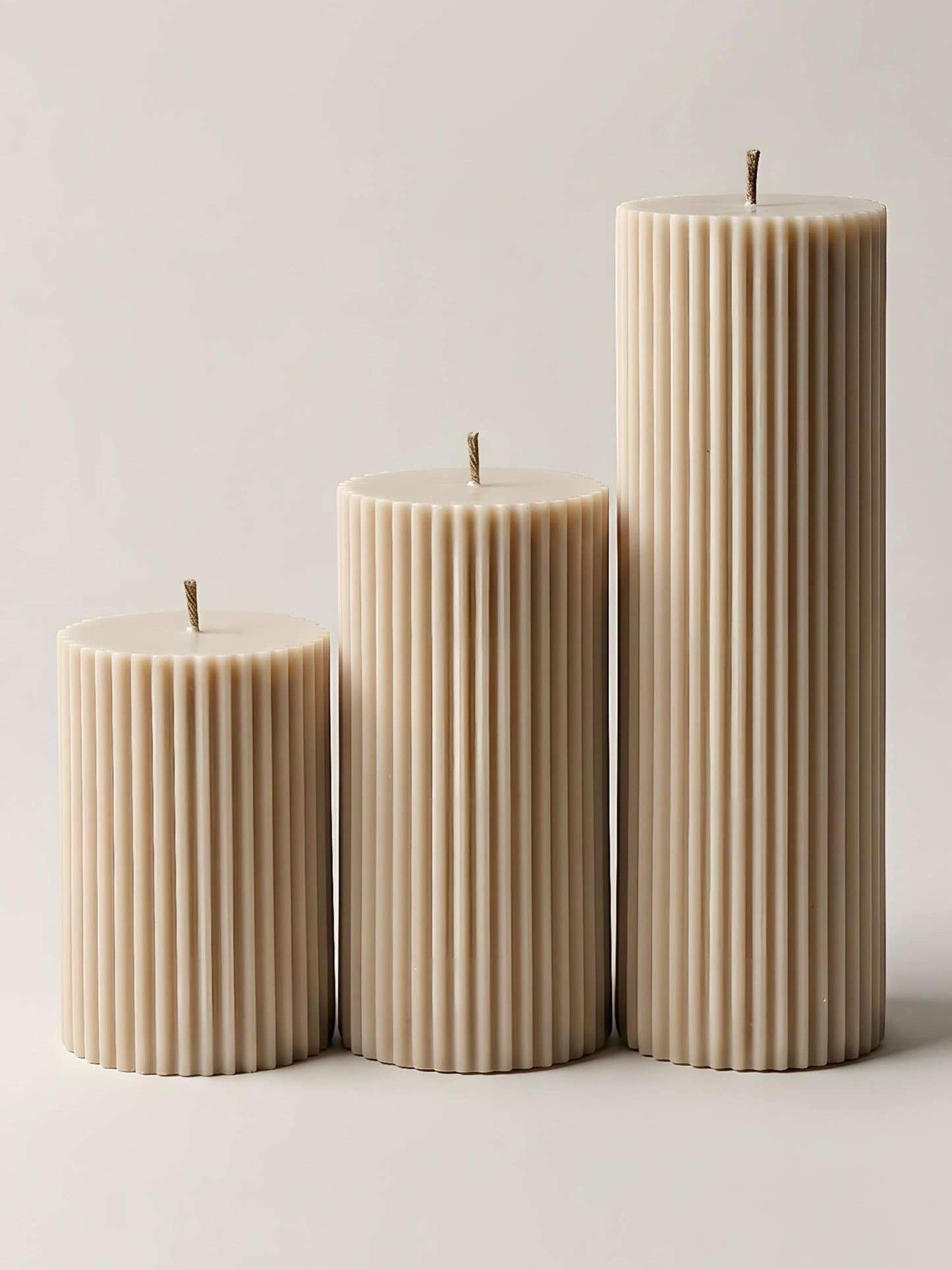 LAWA Roman Handmade Tall Ribbed Pillar Candle - Beautiful Scented Soy Wax Dinner Candle | Classic Aesthetic Decoration Set | Housewarming Gift | Home Room Shelf Decor Idea - Sandstone (Set of 3)
