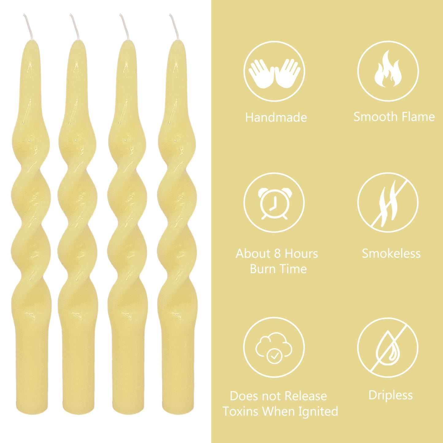 10 Inch Spiral Candles Set of 4 – Unscented Candle Stick, Yellow Handmade Tapered Candle Long Burning Twisted Candles for Wedding Dinner Table Home Decor