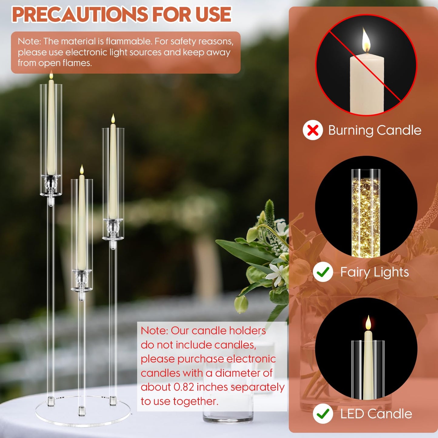 6 Set Acrylic Candelabra Centerpieces for Tables, Mjkeomo 30.7'' Clear Candle Holder 3 Arm Candlesticks Holder with Lampshade for Wedding Fireplace Dinner Party Decor Fit 0.87'' LED Candle