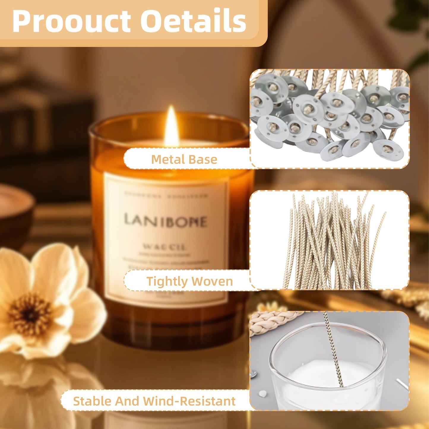 Candle Wicks Kit - 50pcs 8 Inch Natural Candles Wicks with 10pcs Wooden Holders 120 Pcs Wick Stickers for Soy Wax Beeswax Coconut Wax Candle Making Supplies