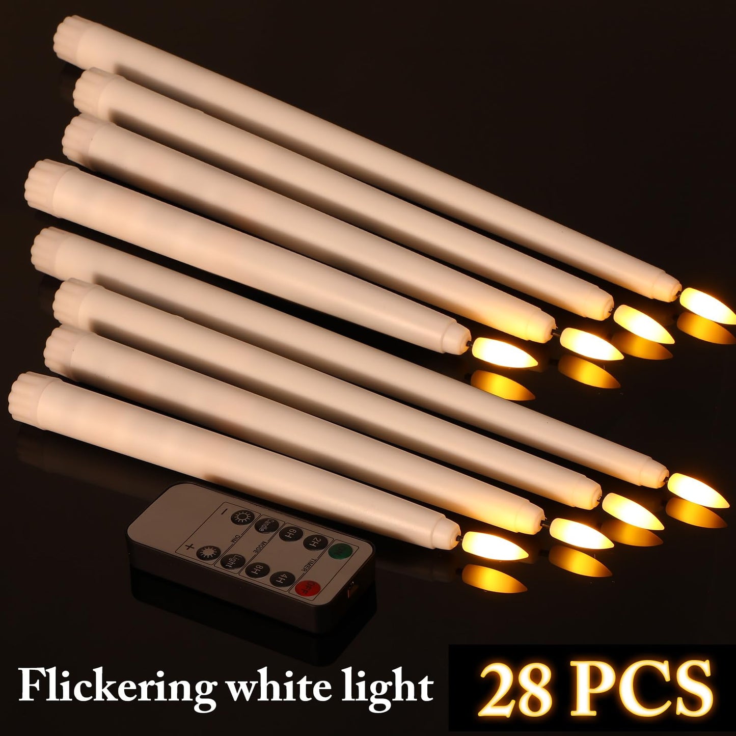 Rossesay 28 Pcs Flameless Taper Candles with Timer Remote 4 Sizes of 8.5", 9.6", 10.83", 12.8" LED Flickering Taper Candles Battery Operated for Valentine's Day Church Wedding Home Decor(White)