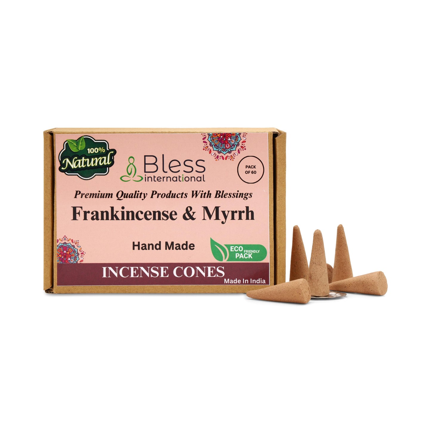 Bless International Frankincense-and-Myrrh 100%-Natural-Incense-Cones Handmade-Hand-Dipped Organic-Chemicals-Free for-Purification-Relaxation-Positivity-Yoga-Meditation The-Best-scents (60 Count)