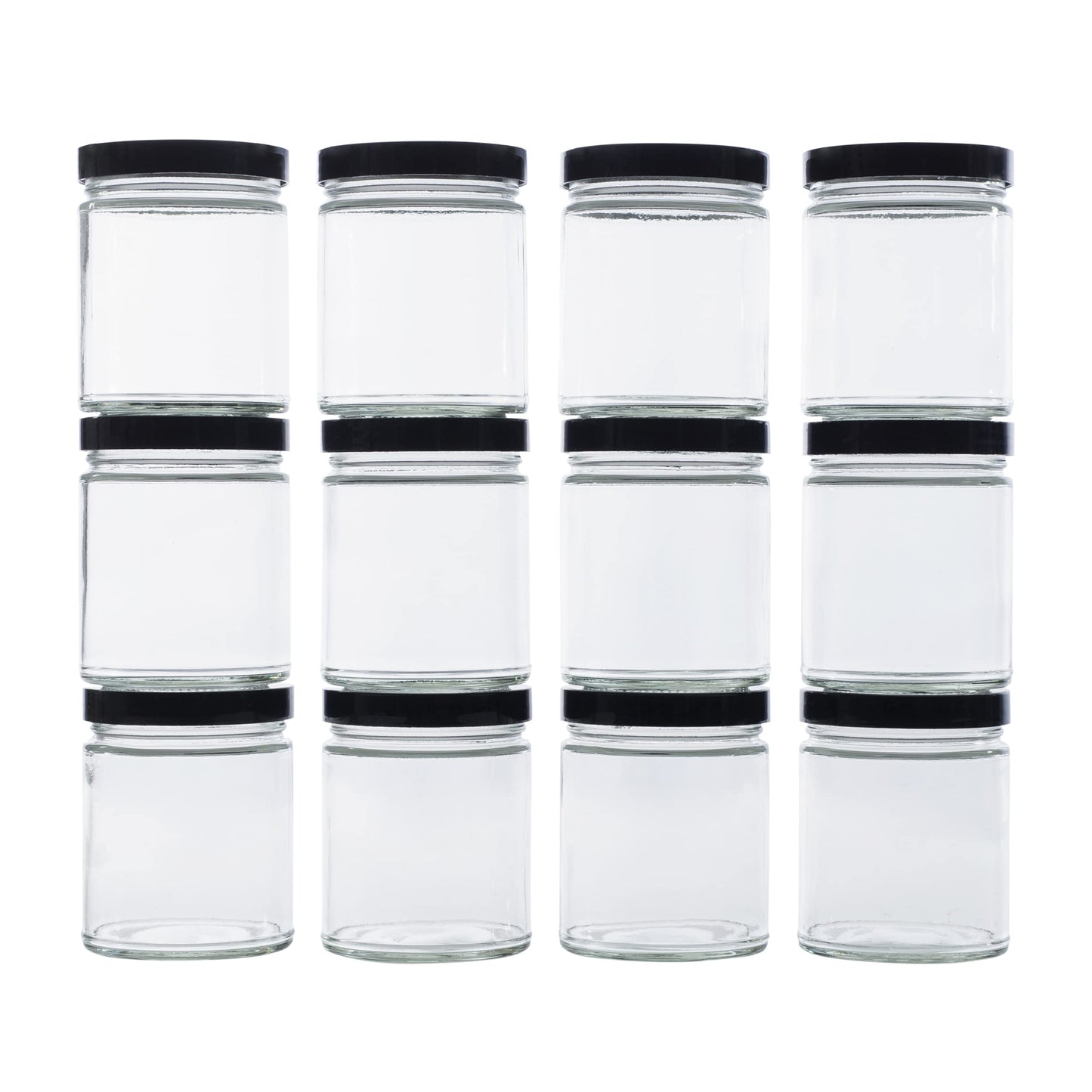 North Mountain Supply 9 Ounce Clear Glass Straight Sided Mason Canning Jars- With 70mm Black Plastic Lids - Case of 12