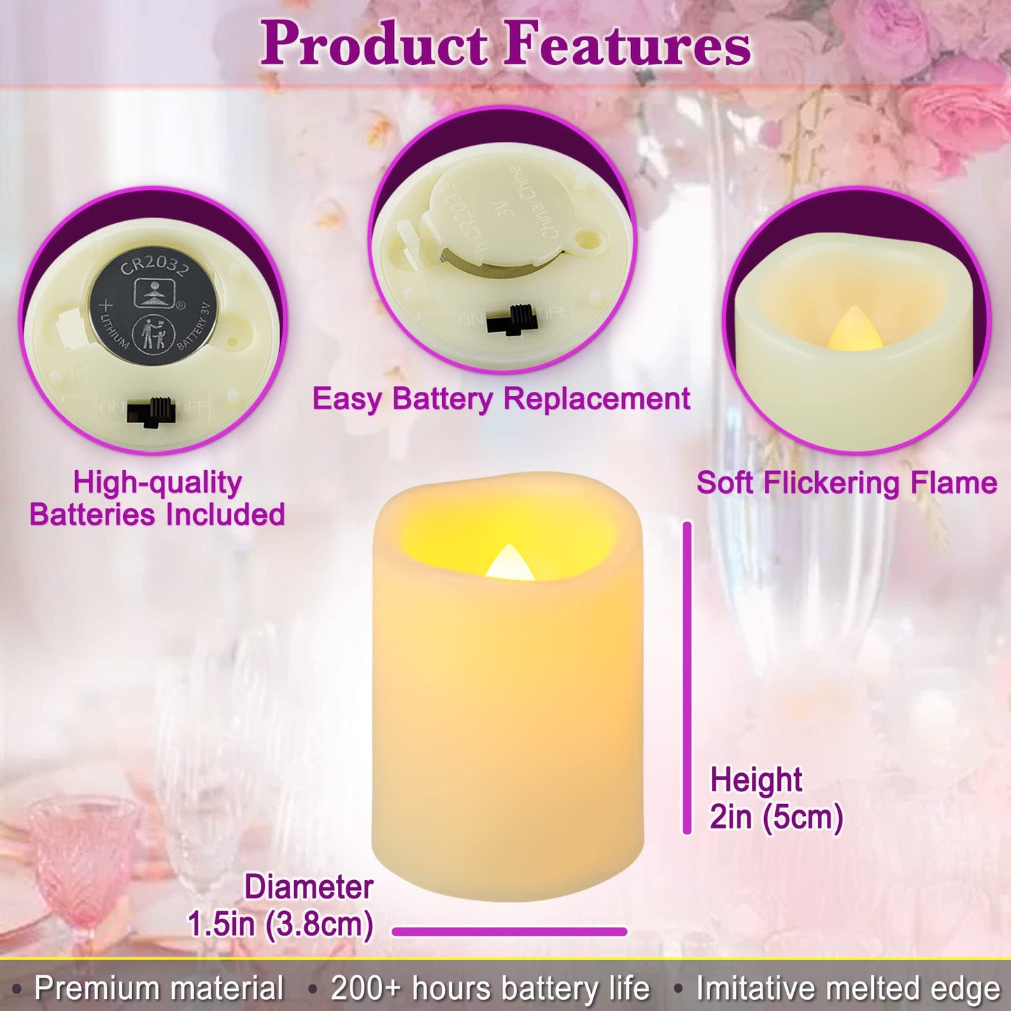 Yakpo 12 Pack 1.5" x 2" Flameless Flickering Votive Candles Battery Operated, Outdoor LED Flicker Fake Candle Bulk, Electric Powered Tea Light for Home Table Halloween Pumpkin Lantern Decorations