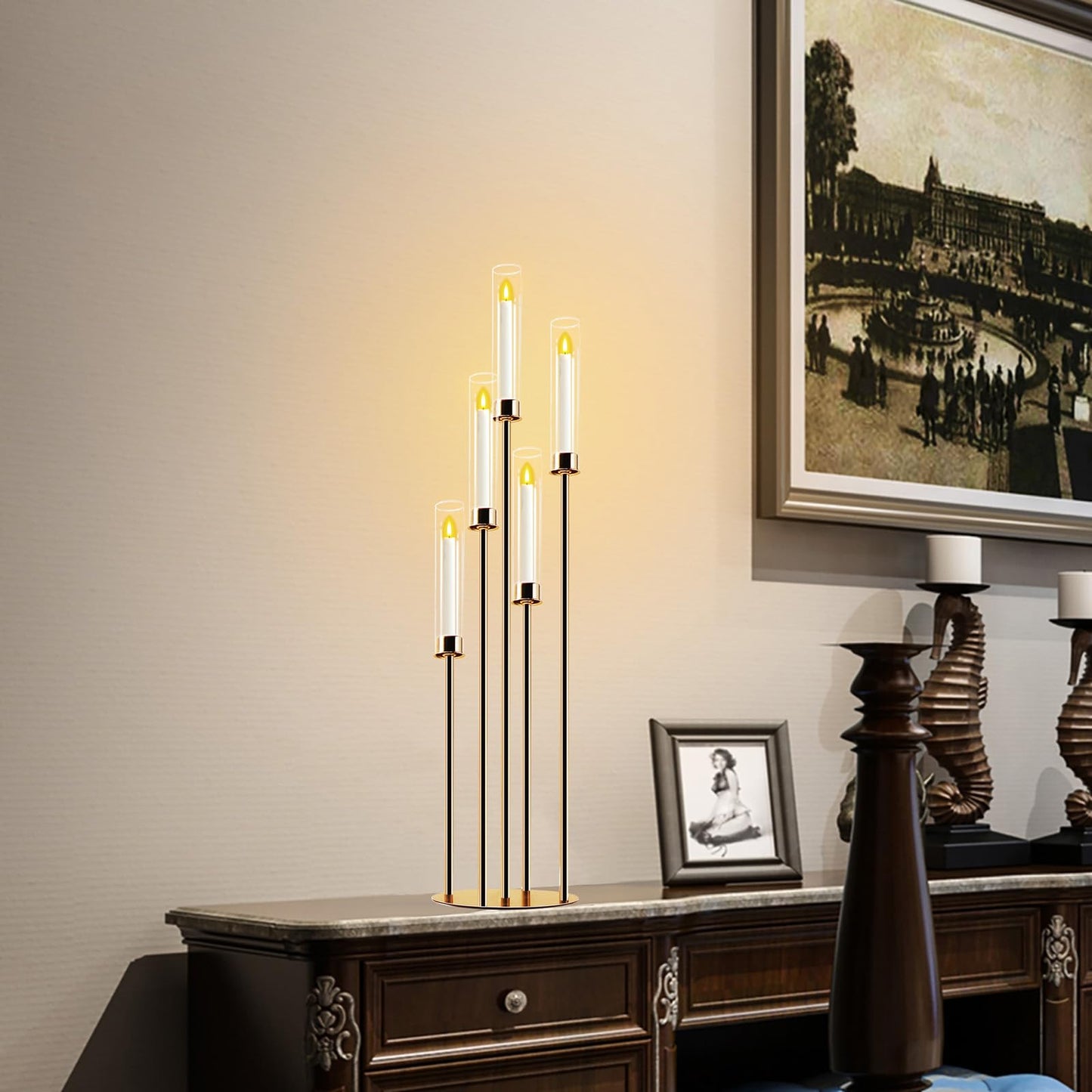 Gold 5-Arm Metal Cluster Taper Candelabra Candle Holders Includes Led Candles & Remote Control, Votive Pillar Candle Holders, Round Wedding Candelabra with Acrylic Shade (1, Gold, 41.3'' x 9.84'')