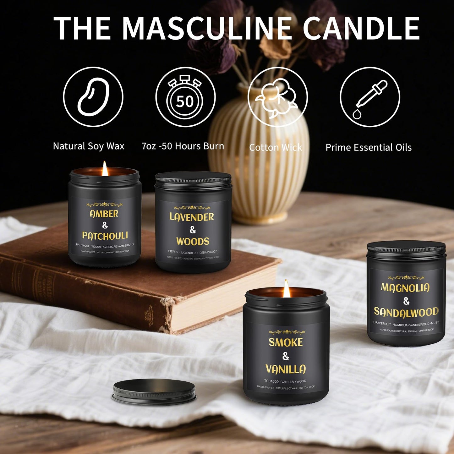 Scented Candles for Men, 4 Pack Mens Candle Gift Set, Relaxation Candles for Home Scented, 28oz Soy Wax Aromatherapy Candles of Lavender/Patchouli/Sandalwood/Smoke & Vanilla