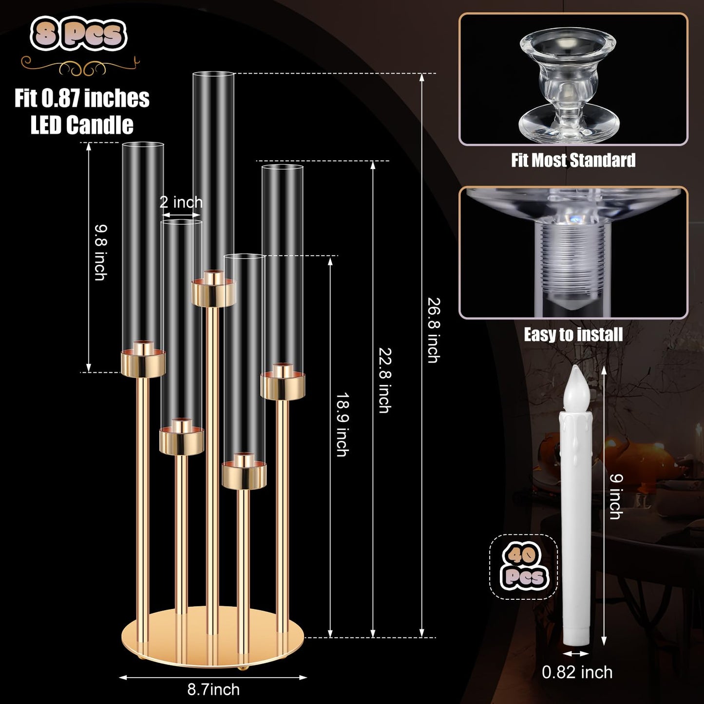 Tandefio 8 Set Gold Candelabra Centerpieces for Tables, 26.8 Inch 5 Arm Candle Holders with LED Candles and Acrylic Cylinders, Tall Acrylic Wedding Table Centerpieces for Reception Dinner Party Decor